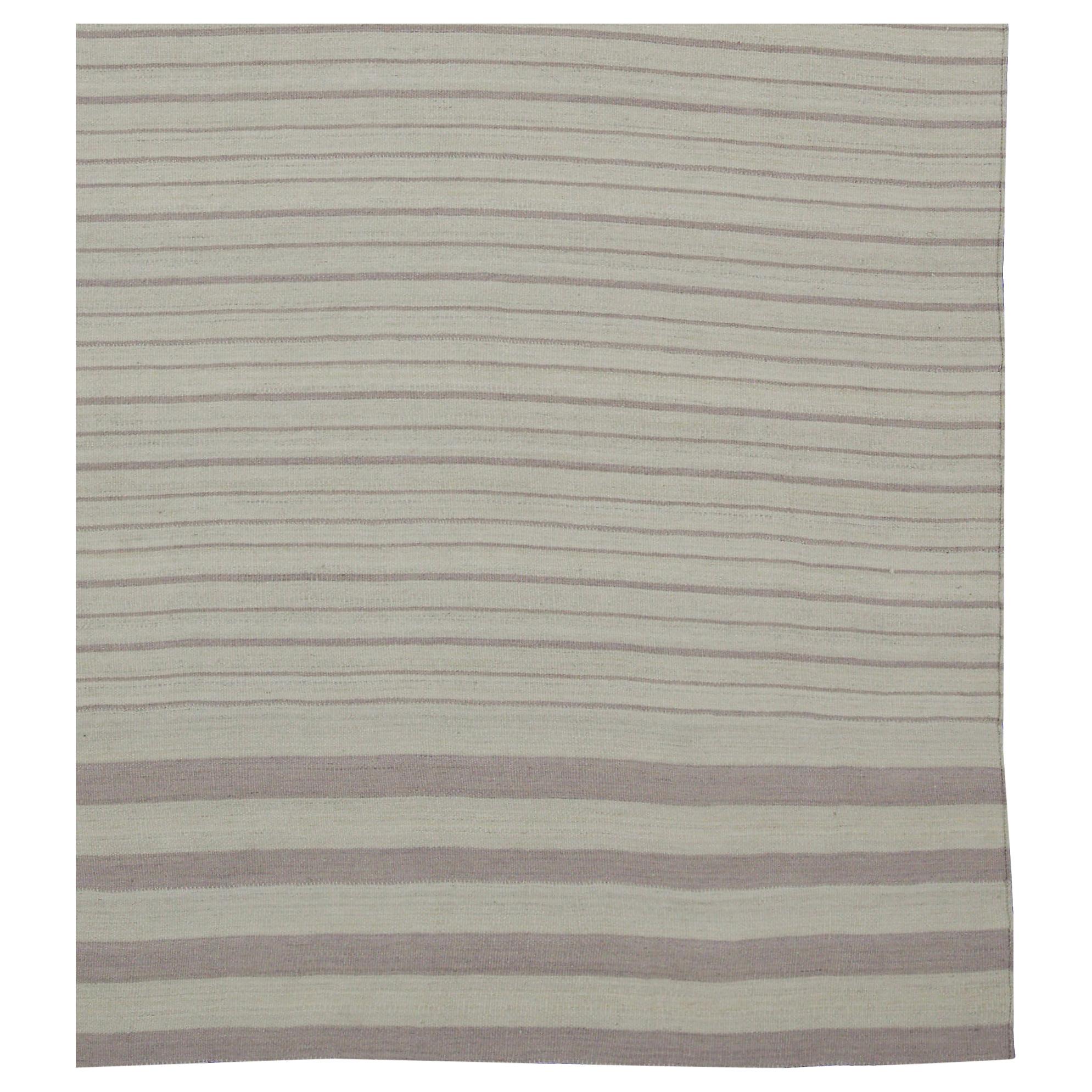 Contemporary Kilim Rug in Ivory with Gray Stripes