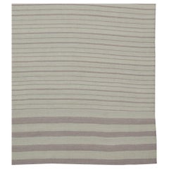 Contemporary Kilim Rug in Ivory with Gray Stripes