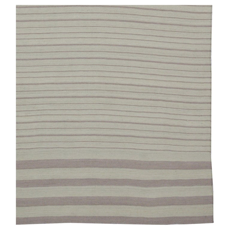 Contemporary Kilim Rug in Ivory with Gray Stripes For Sale at 1stDibs