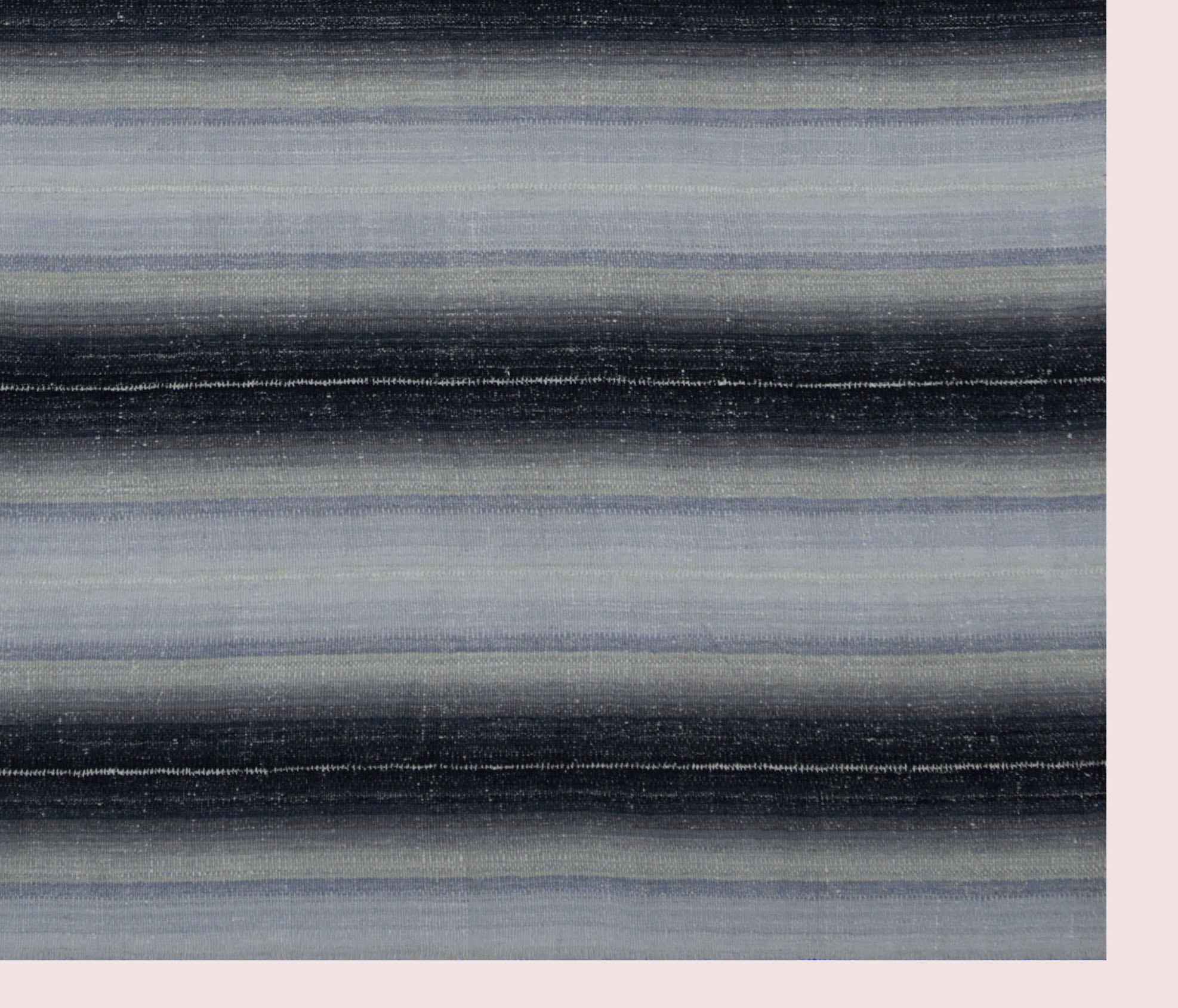 Oushak Contemporary Kilim Rug with Beige Field and a Mix of Black and Gray Stripes For Sale