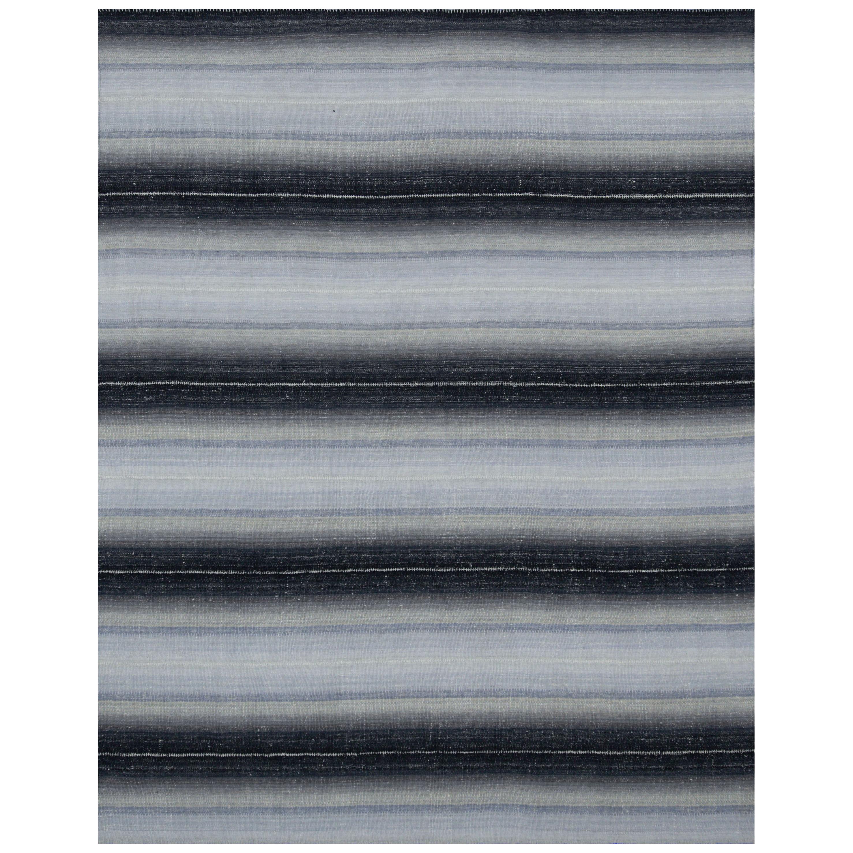 Contemporary Kilim Rug with Beige Field and a Mix of Black and Gray Stripes For Sale
