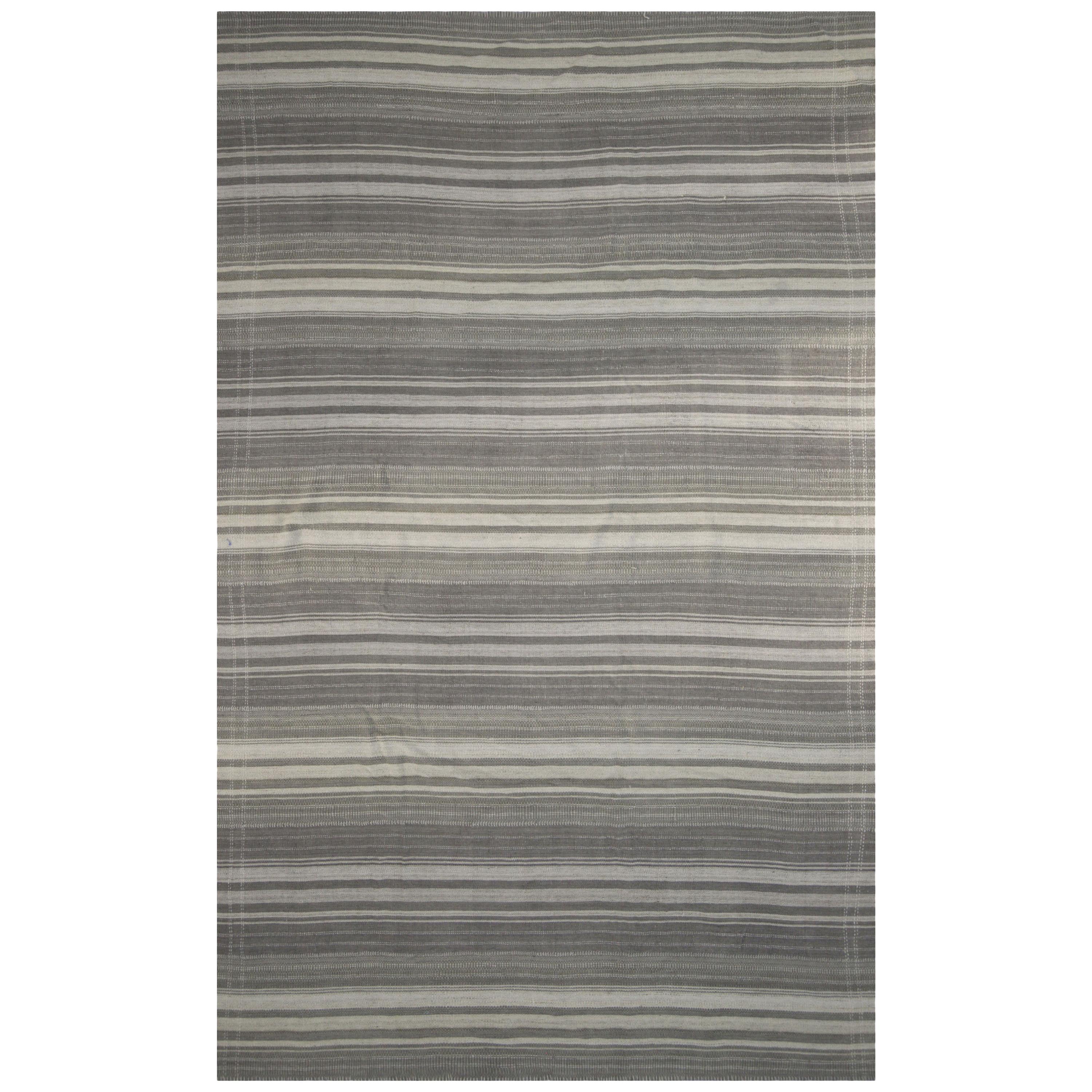 Contemporary Kilim Rug with Ivory and Gray Stripes For Sale