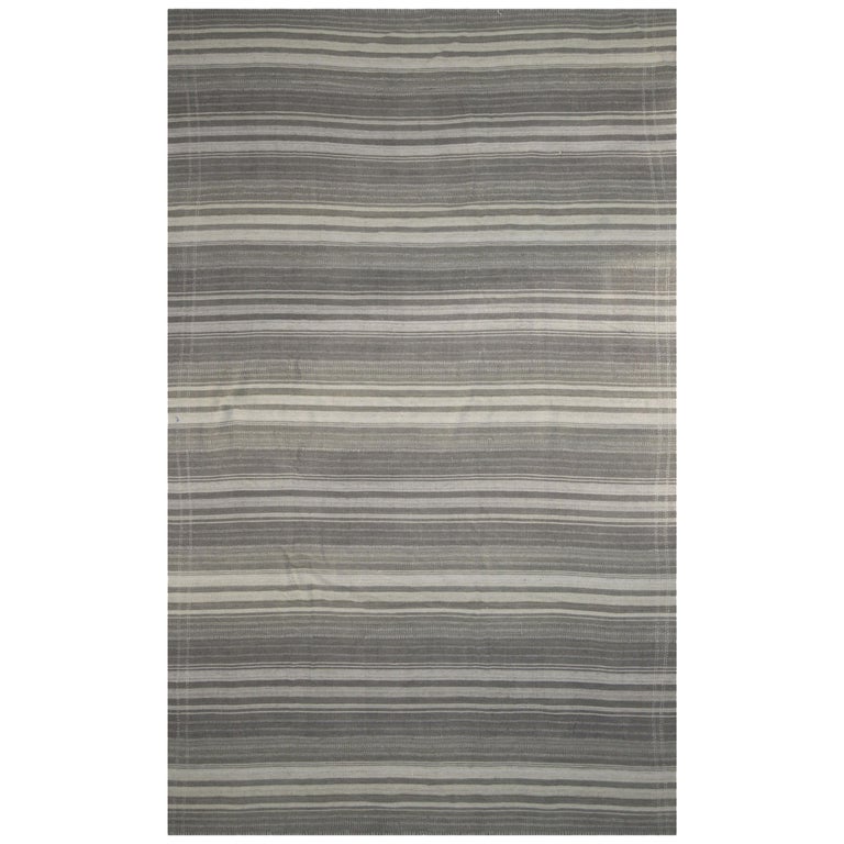 Contemporary Kilim Rug with Ivory and Gray Stripes For Sale at 1stDibs