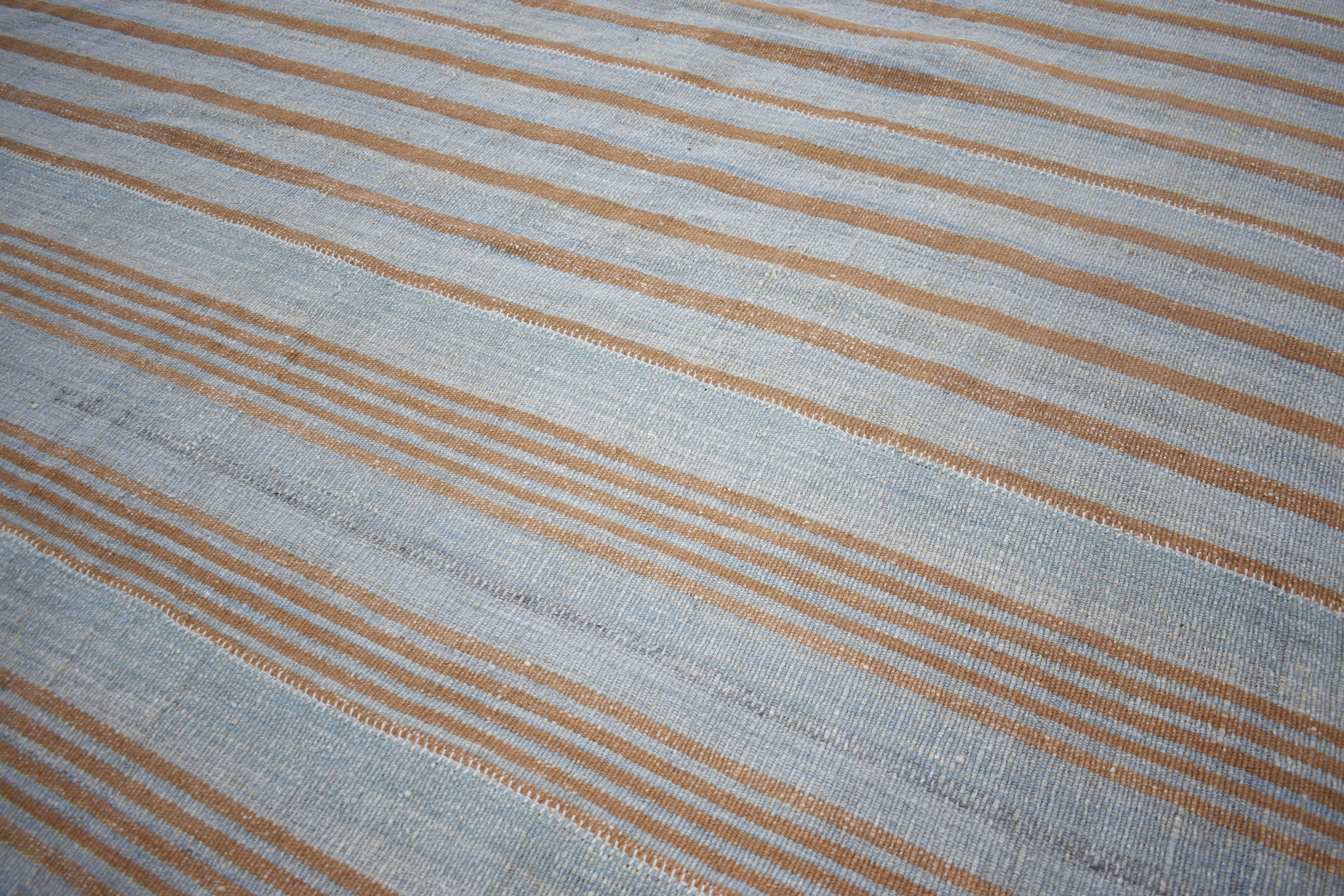 Hand-Woven Contemporary Kilim Turkish Rug with Blue Field and Brown Stripes For Sale
