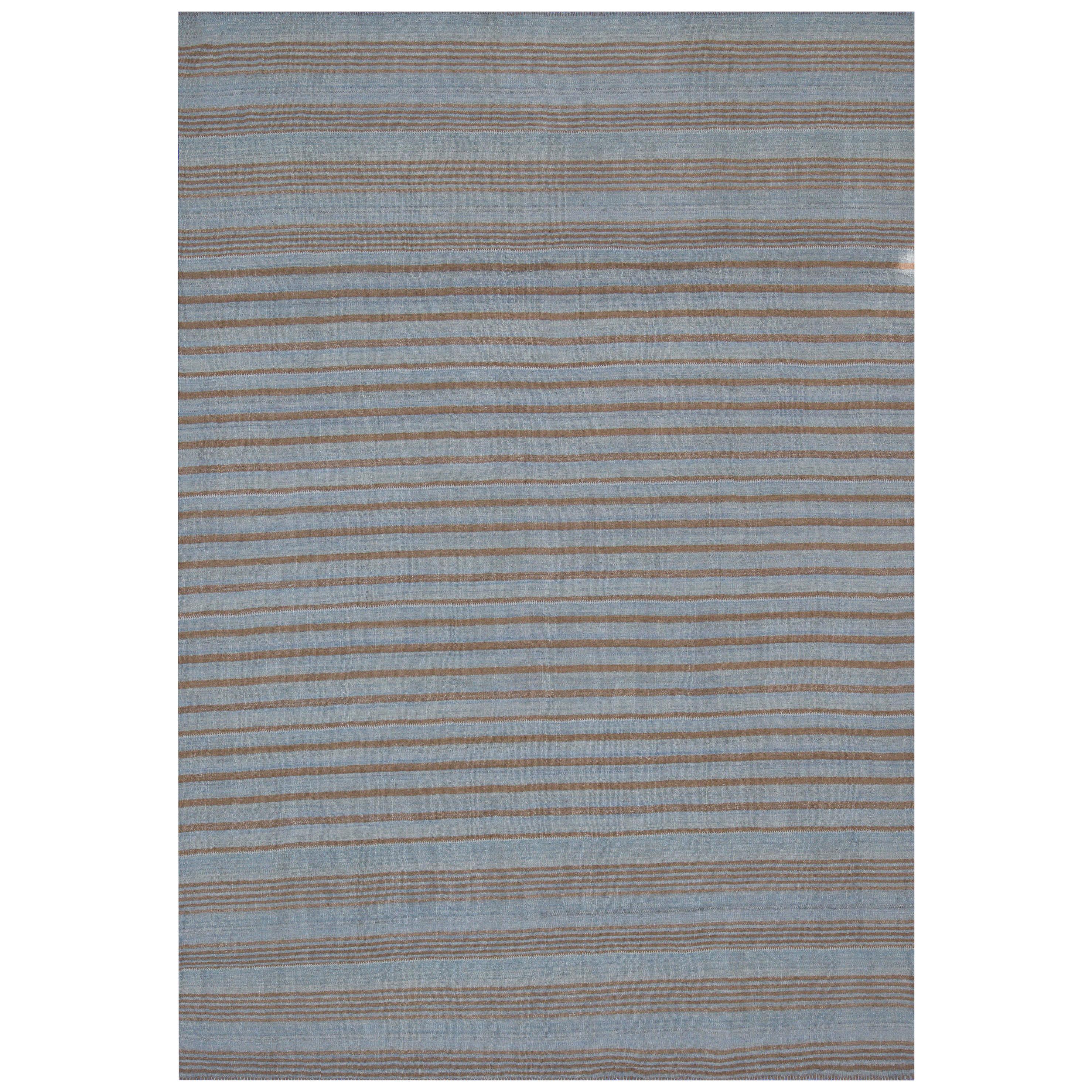 Contemporary Kilim Turkish Rug with Blue Field and Brown Stripes For Sale