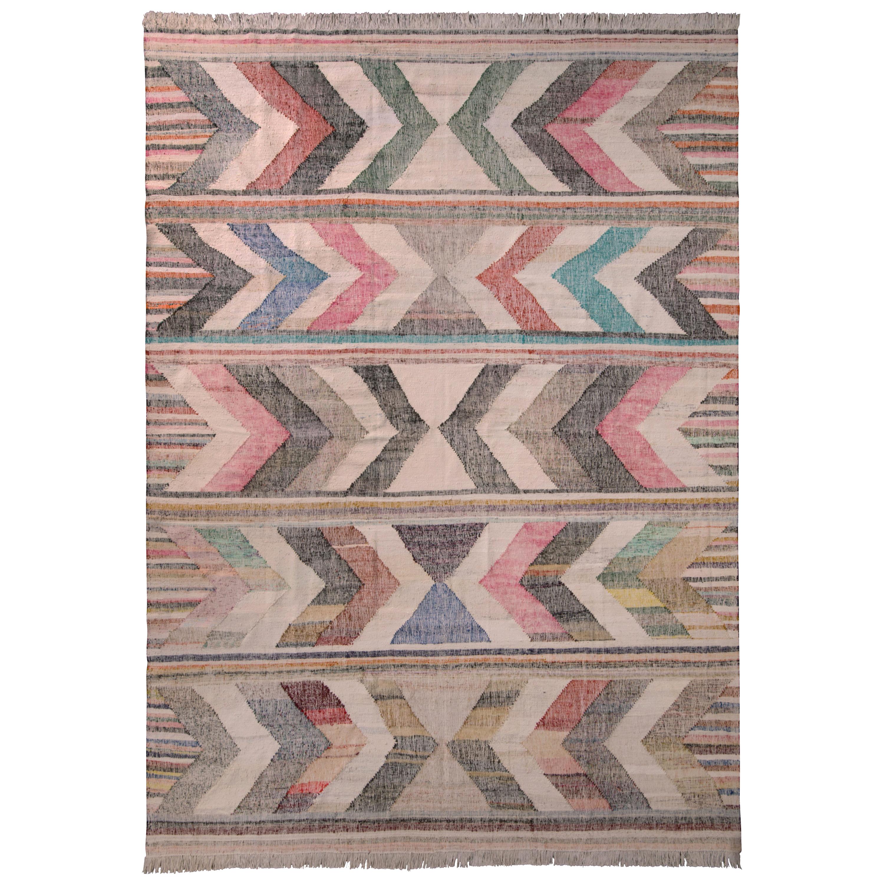 Rug & Kilim's Contemporary Kilim Wool Beige Pink Chevron Arrow Pattern For Sale