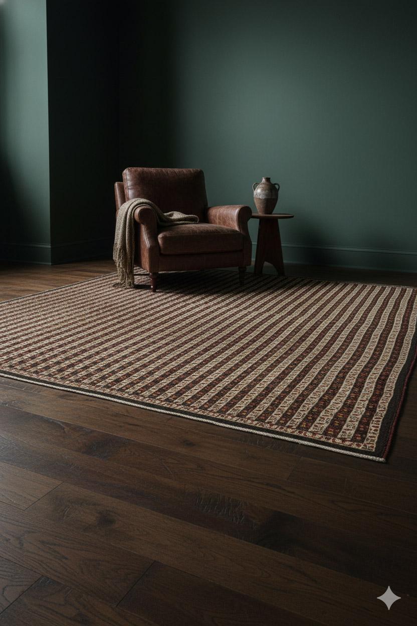 Dieser gewebte Wollteppich weist ein vom Kelim inspiriertes Muster auf, das aus sich wiederholenden vertikalen Streifen besteht. Jeder Streifen wechselt zwischen dunkelbraunen und cremefarbenen Feldern, die mit kleinen geometrischen Motiven in Rot,