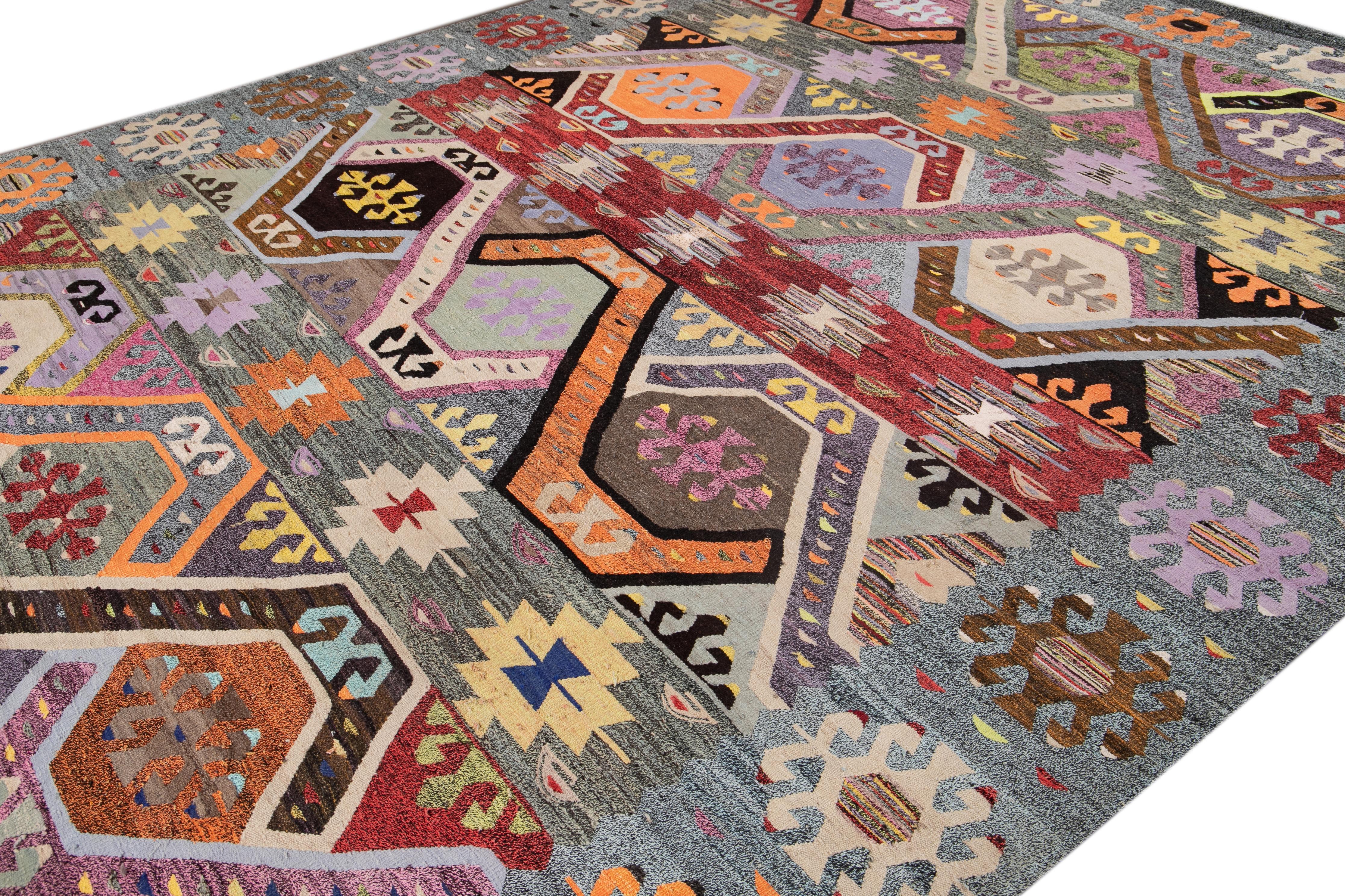 Hand-Knotted Contemporary Kilim Wool Rug with Multicolor Art Deco Design  For Sale
