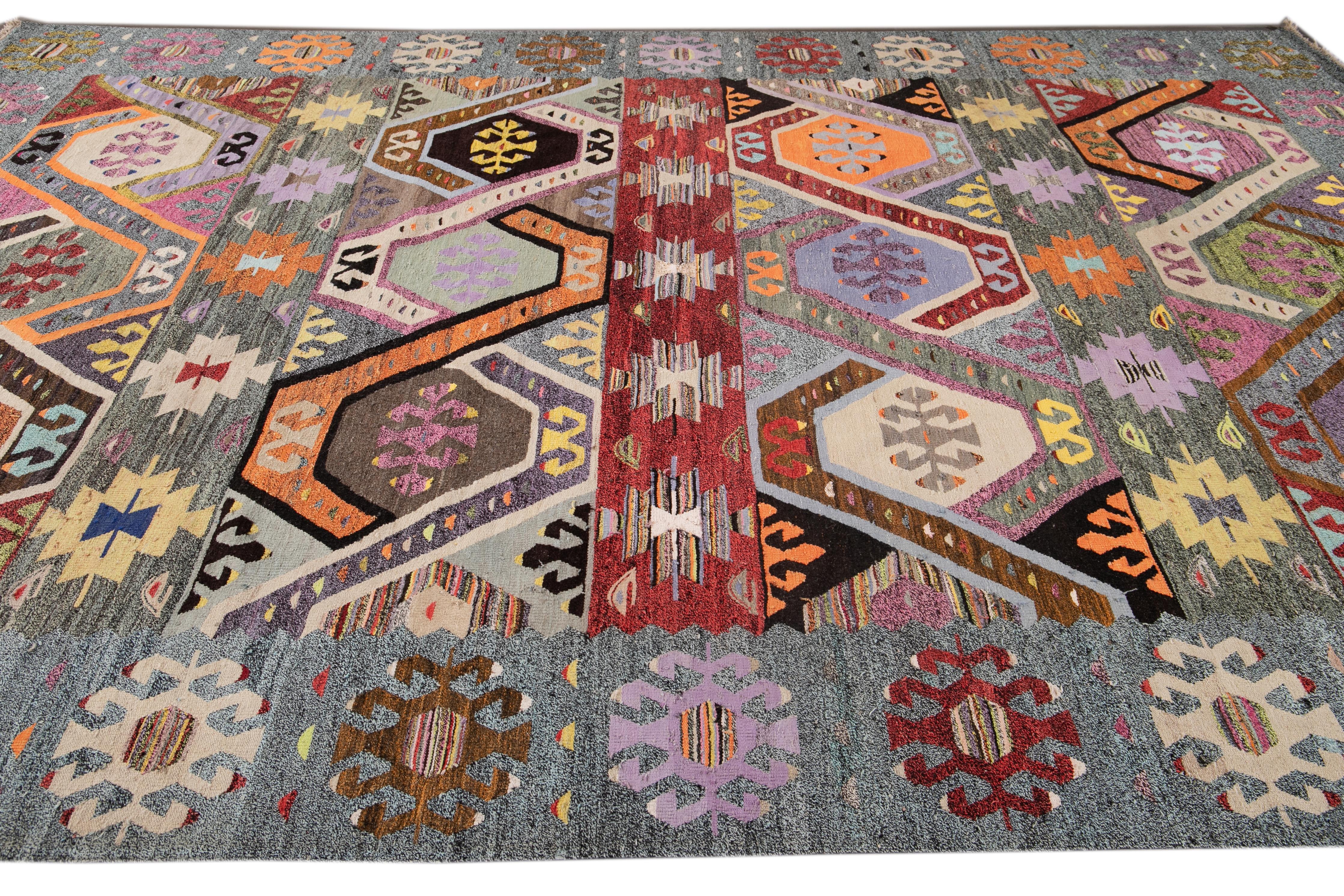 Contemporary Kilim Wool Rug with Multicolor Art Deco Design  For Sale 2