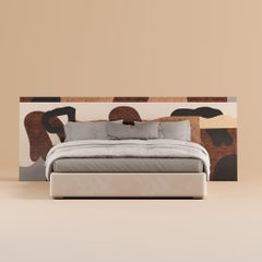 Contemporary King Bed Mid-Century Abstract Headboard Pattern Wood Marquetry