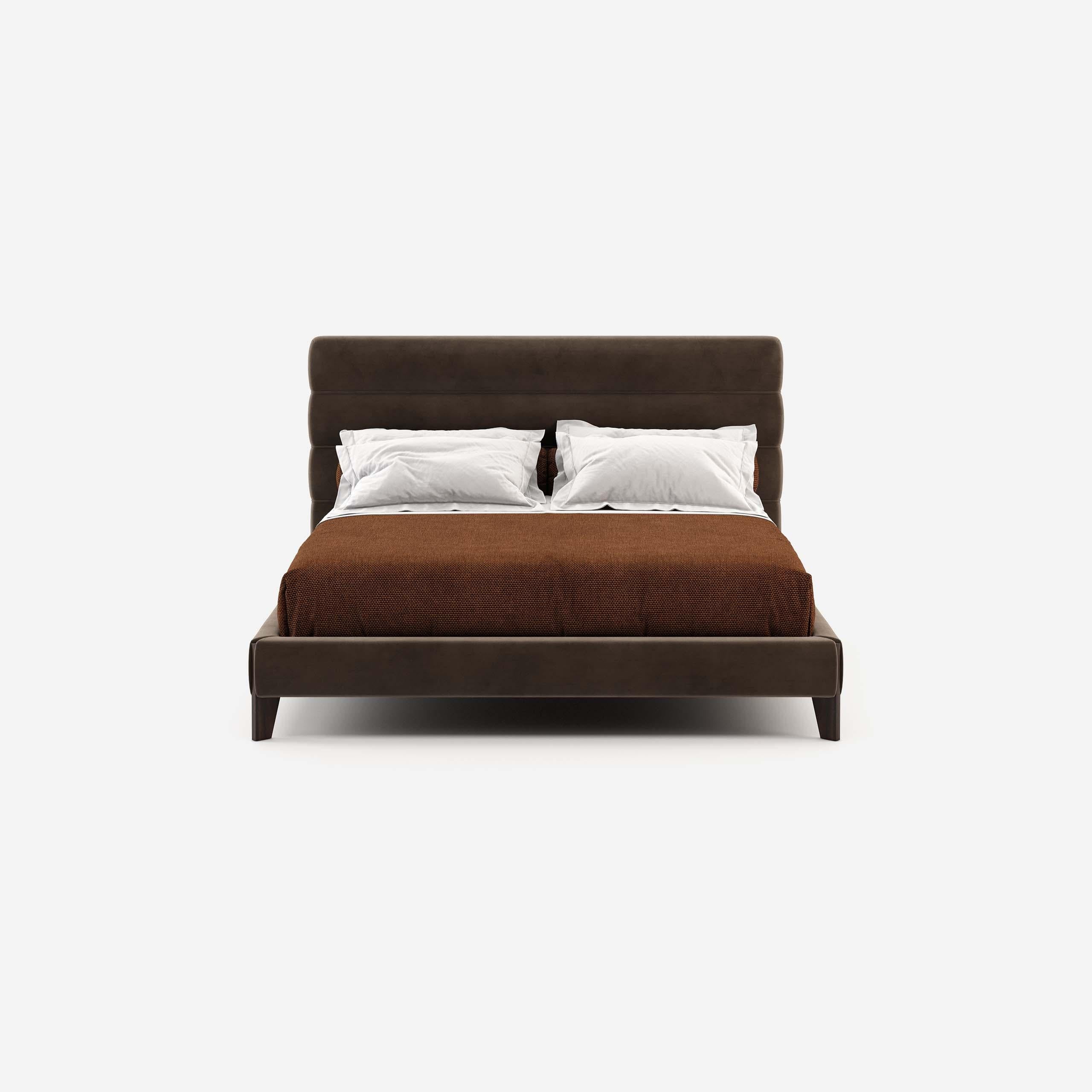 Timeless design suitable for contemporary residential or hotel projects. 
Fabrics: Chocolate velvet
Structure: Matt Smoked Eucalyptus.
Other materials and colors are also possible for this bed , See attached images for finish options and velvet