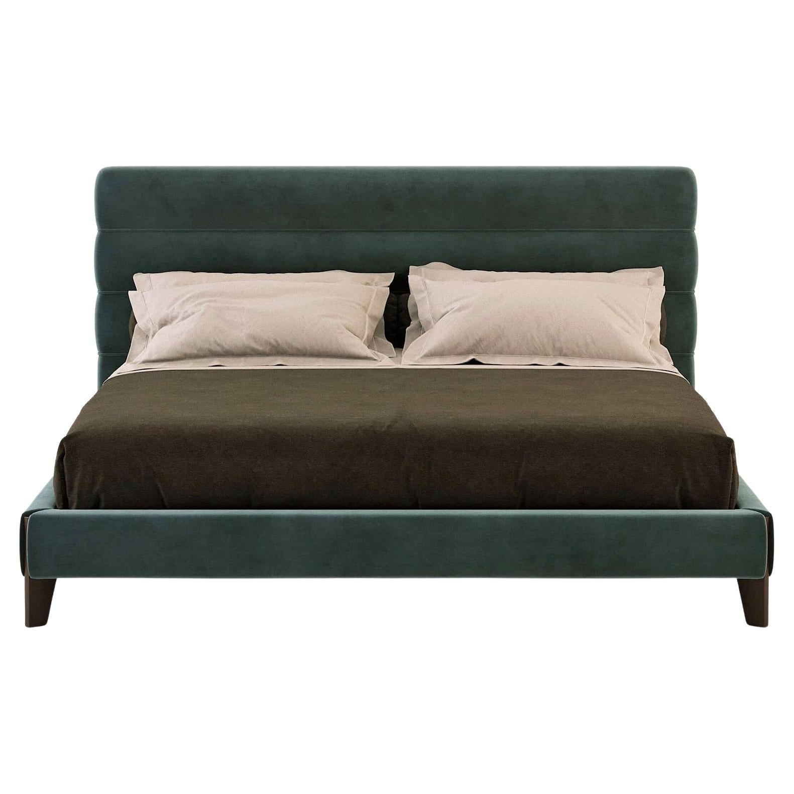 Timeless design suitable for contemporary residential or hotel projects. 
Fabrics: Storm blue velvet
Structure: Matt Smoked Eucalyptus.
Other materials and colors are also possible for this bed , See attached images for finish options and velvet