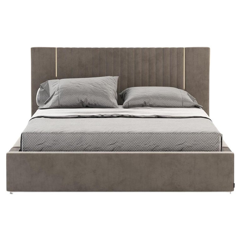 American King Size Bed in Custom Velvet Upholstery with Wood and Metal Accent For Sale at 1stDibs