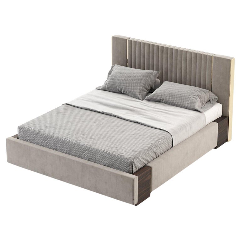 American King Size Bed in Custom Velvet Upholstery with Wood and Metal Accent For Sale at 1stDibs