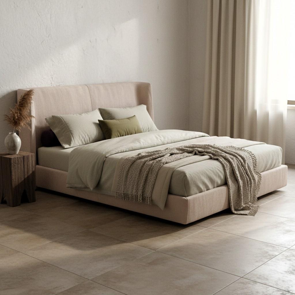 Portugais Contemporary King-Size Bed in Rose Velvet with Architectural Low-Profile Base en vente