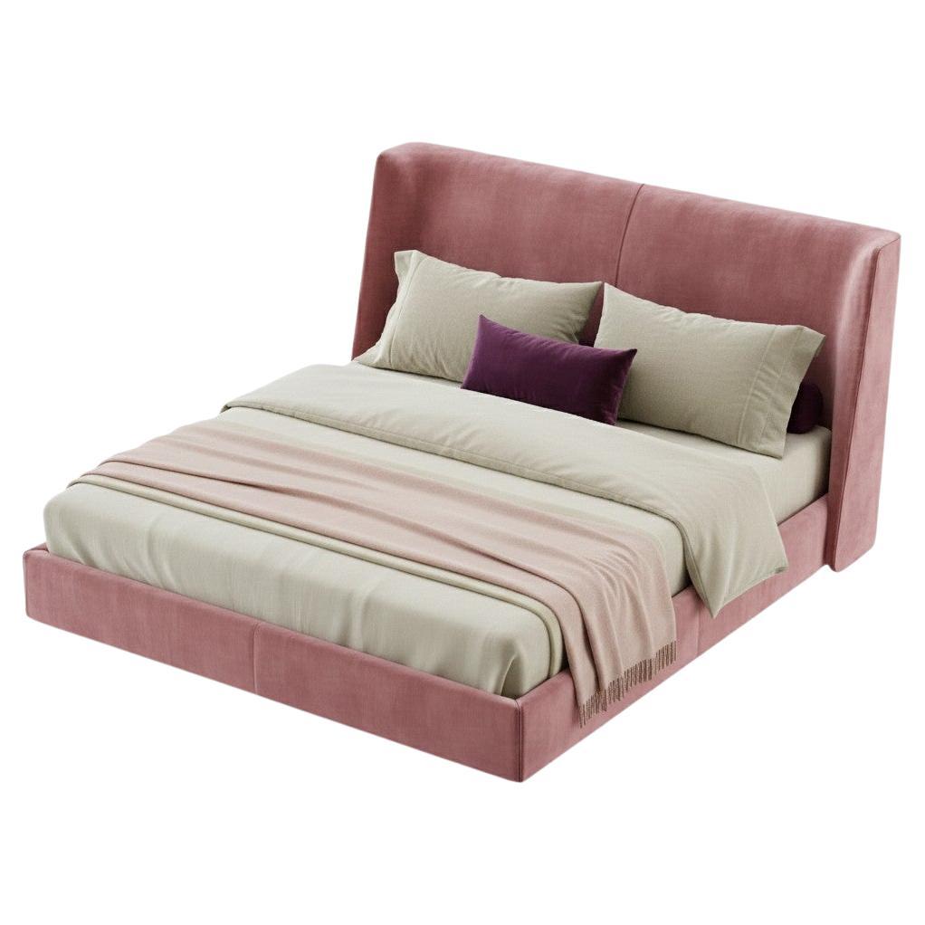 Contemporary King-Size Bed in Rose Velvet with Architectural Low-Profile Base