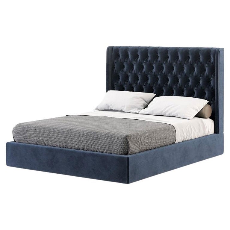 Contemporary King Size Bed Offered in Deep Blue Velvet For Sale at 1stDibs