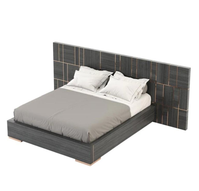 American King Bed with Oversized Headboard in Wood Veneer and Metal For