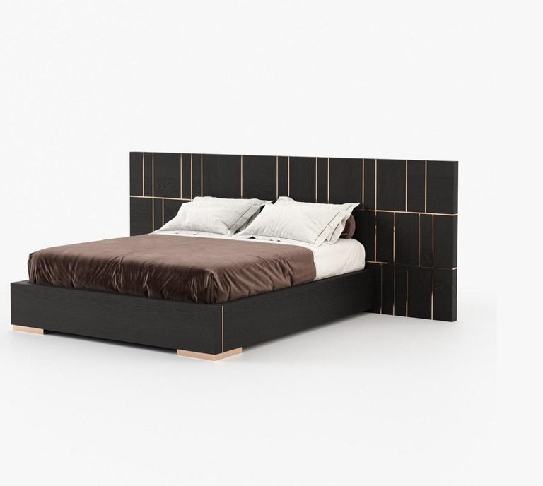 American King Bed with Oversized Headboard in Wood Veneer and Metal For