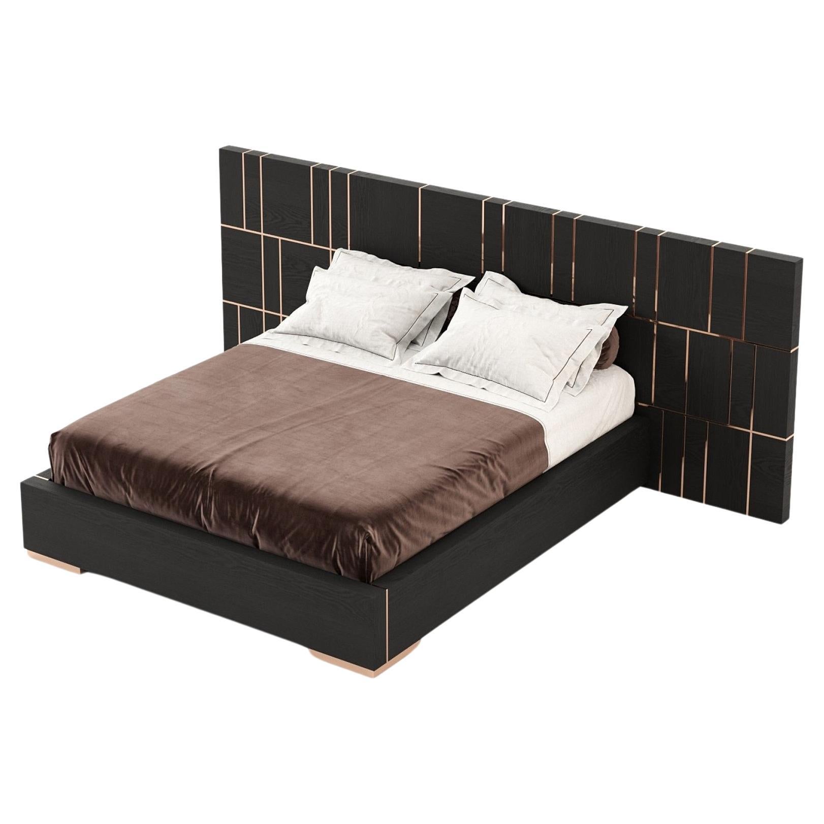 American King Bed with Oversized Headboard in Wood Veneer and Metal For