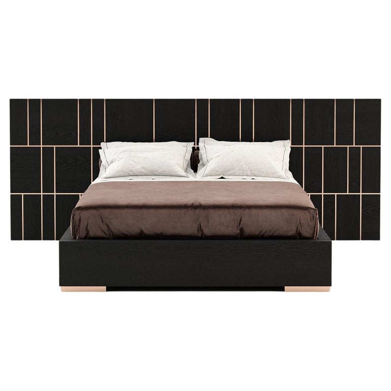 American King Bed with Oversized Headboard in Wood Veneer and Metal For