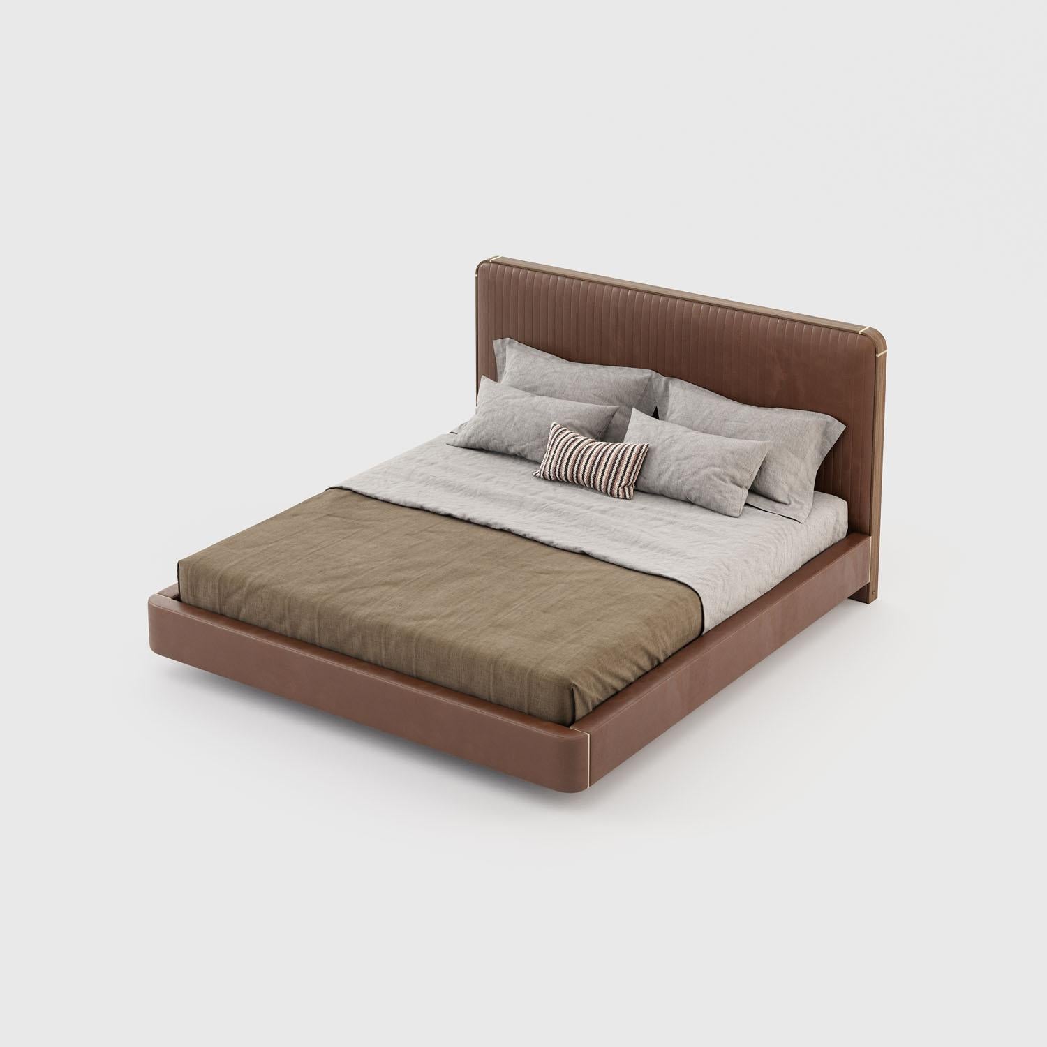 American King size bed made to order in a selection of velvet colors with metal and wood details. A classic and stylish design featuring a soft padded headboard in velvet with contoured frame of wood veneer and metal details. 

Dimensions: 
Width