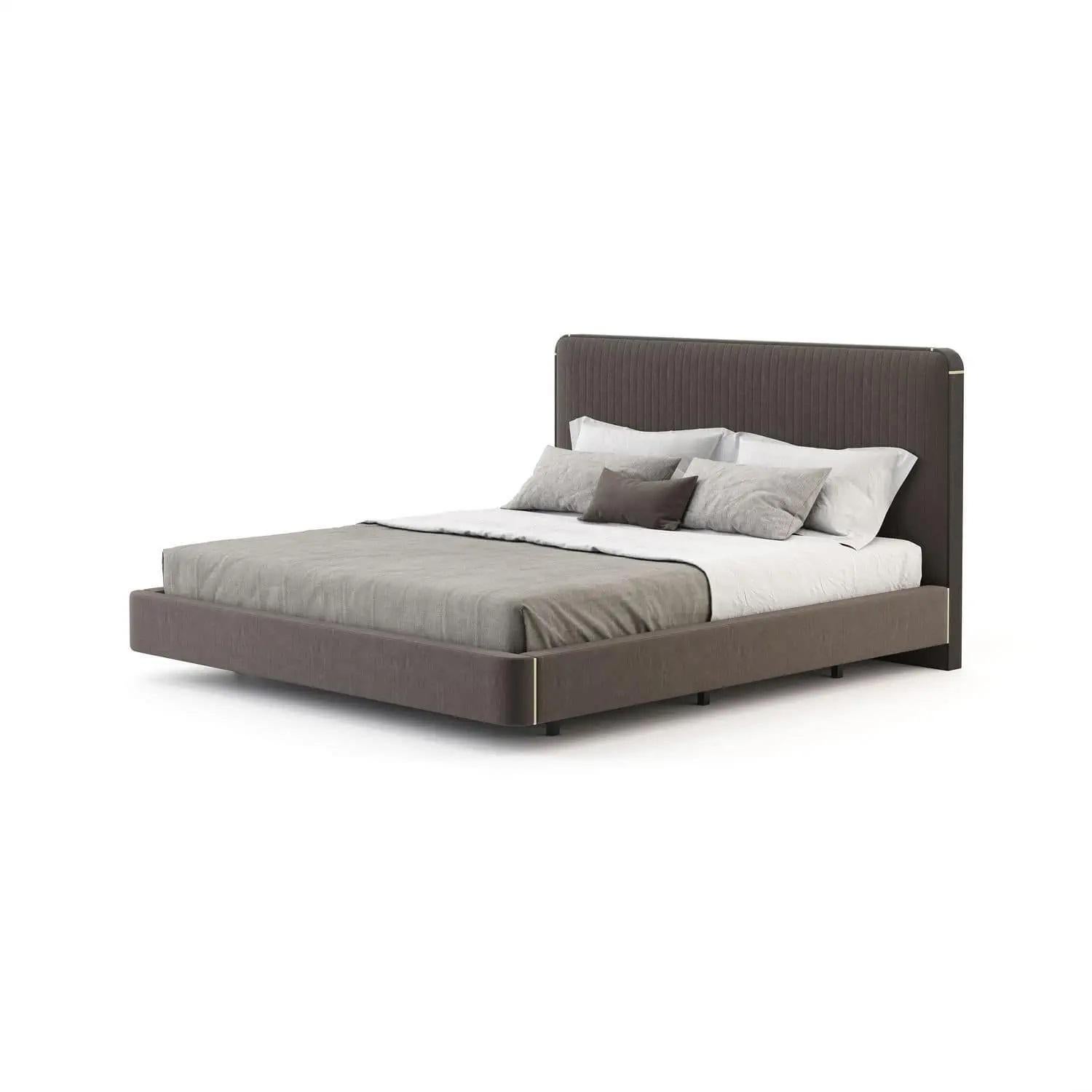 American King Size Bed Offered in Velvet, Wood Veneer and Metal Details For Sale 1