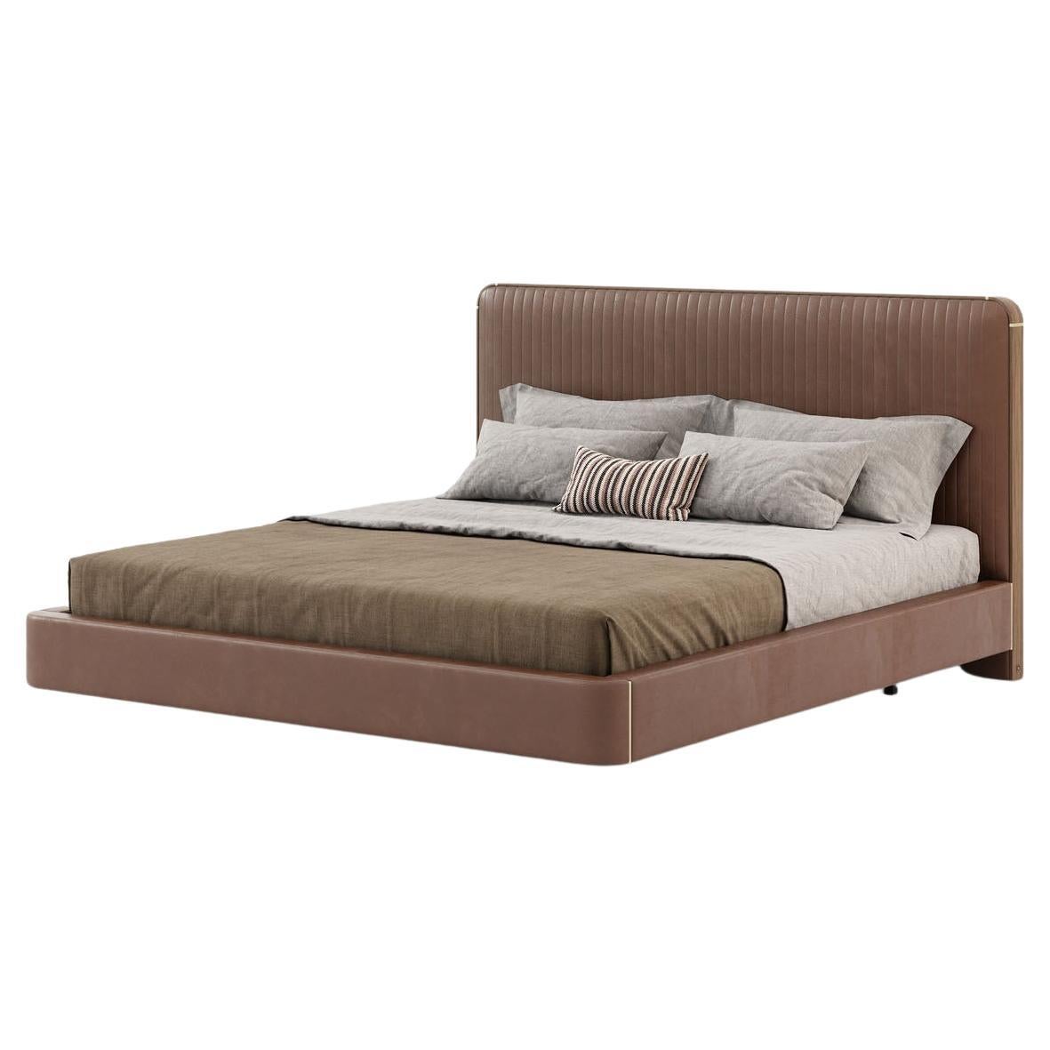 American King Size Bed Offered in Velvet, Wood Veneer and Metal Details For Sale