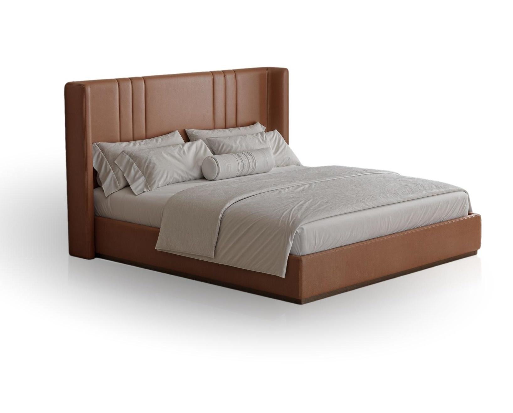 American Contemporary King-Size Leather Bed With Detailed Headboard Stitching For Sale