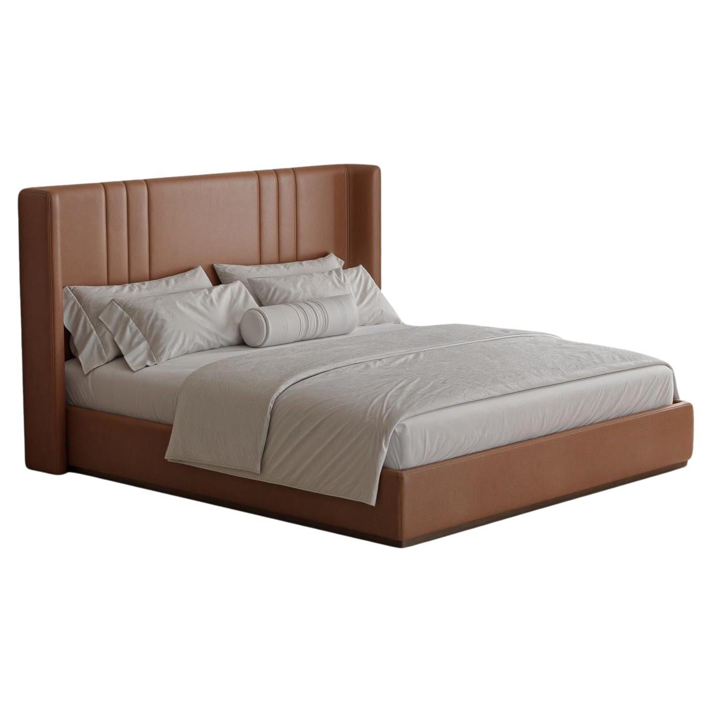 Contemporary King-Size Leather Bed With Detailed Headboard Stitching For Sale