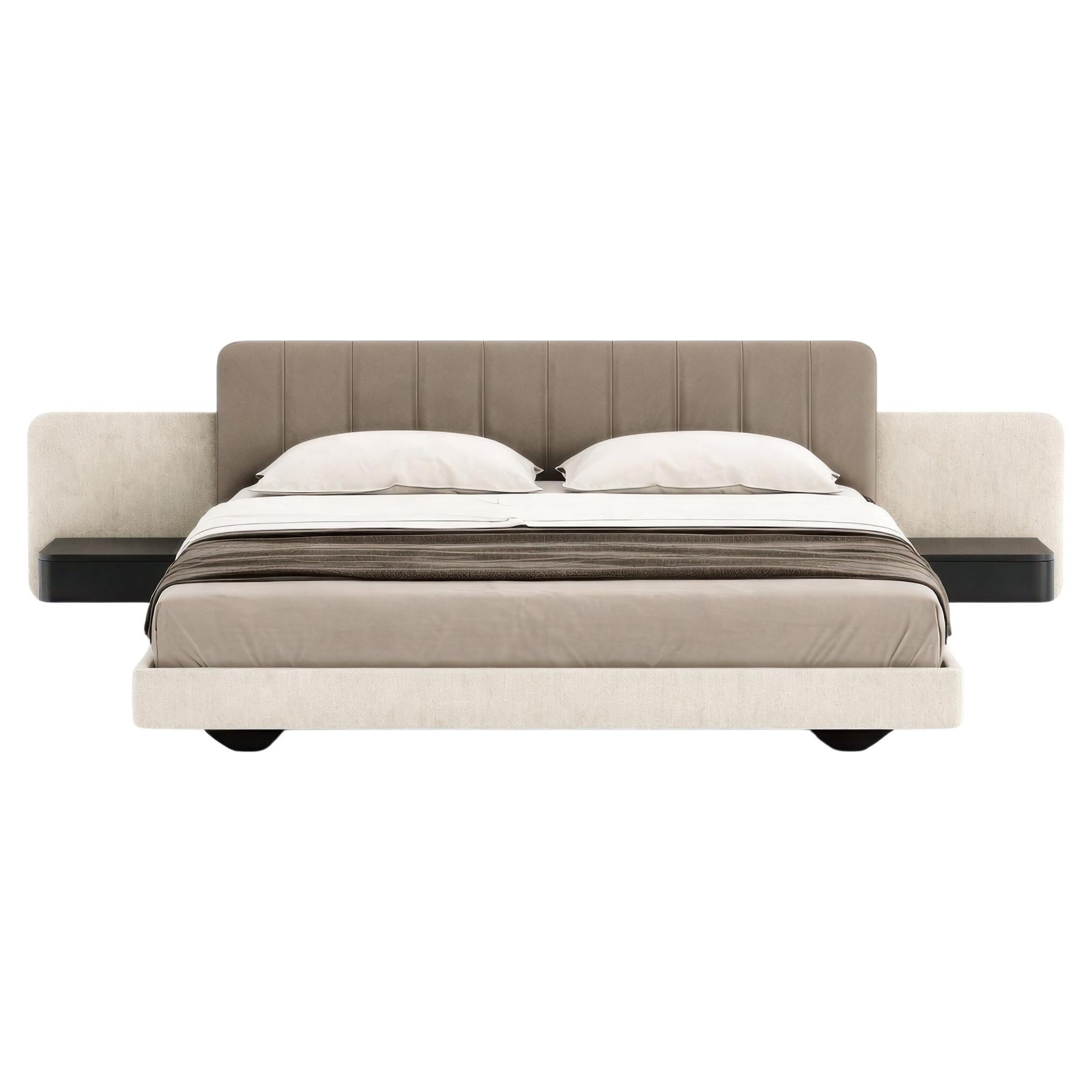 Contemporary King Size Bed with Velvet Headboard and Integrated Nightstands For Sale