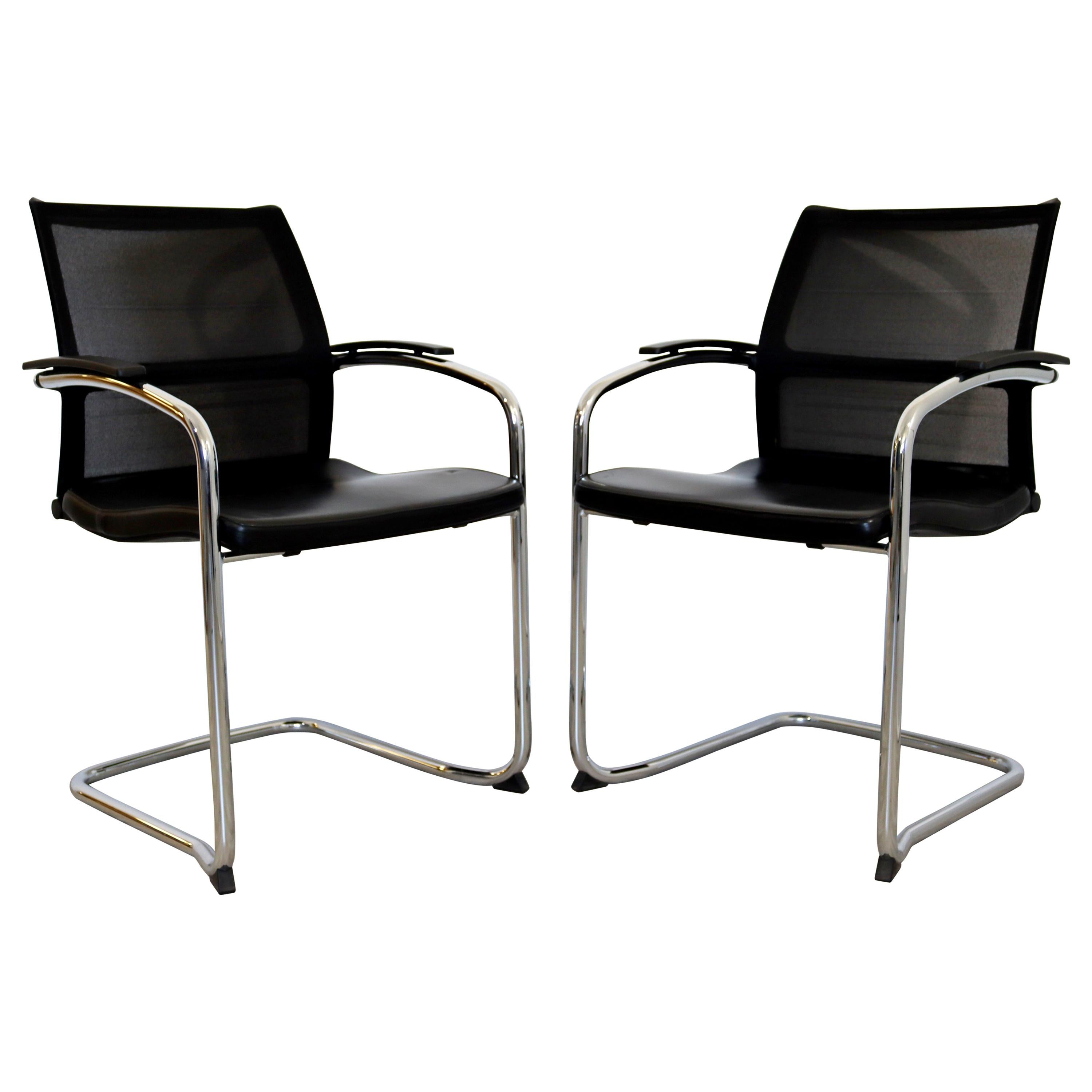 Contemporary Knoll Pair Chrome Cantilever Black Dining Conference Office Chairs