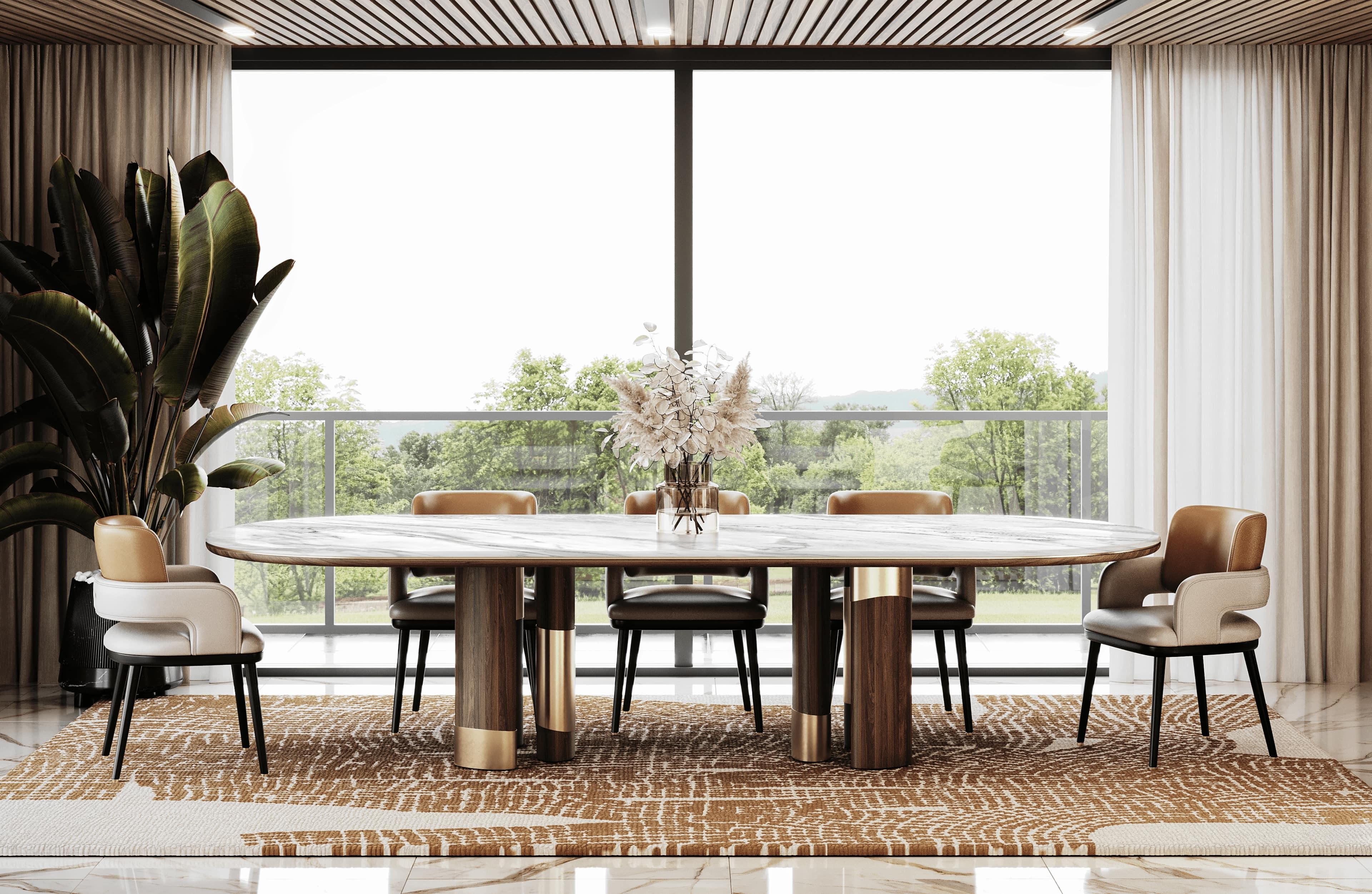 Bold and architectural, the Korin dining table has a sophisticated design. Crafted in rich walnut wood, its standout feature is the brushed brass detailing that encircles the legs, creating a sculptural visual rhythm. The Calacatta Gold marble top