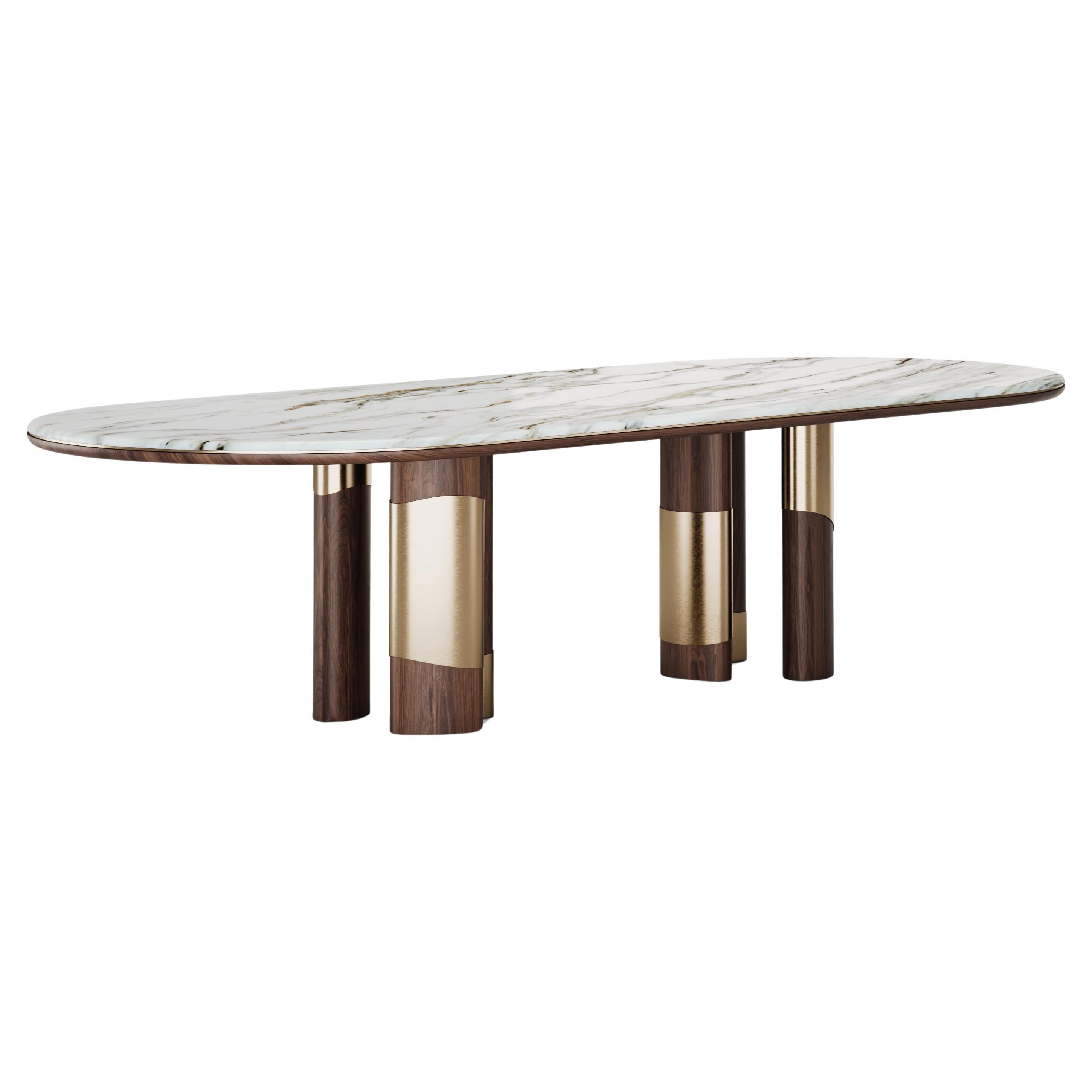 Contemporary Korin Dining Table in Walnut, Calacatta Gold Marble Top and Brass