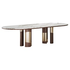 Contemporary Korin Dining Table in Walnut, Calacatta Gold Marble Top and Brass