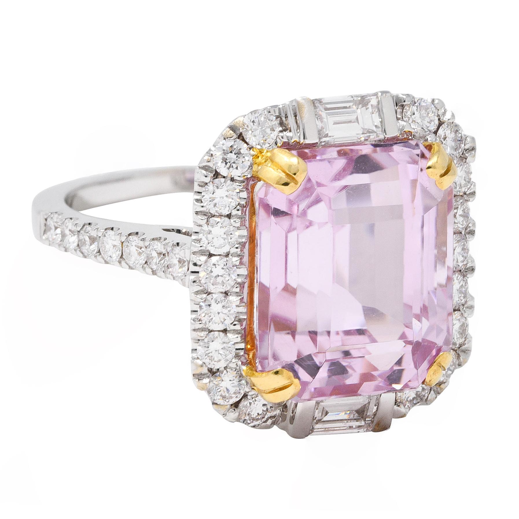 Cluster ring centers a mixed emerald cut kunzite measuring approximately 12.5 x 10.5 mm
Transparent with medium light pink color - emerald cut with unique barrel faceting
Set by split yellow gold prongs and flanked North to South by bar set baguette