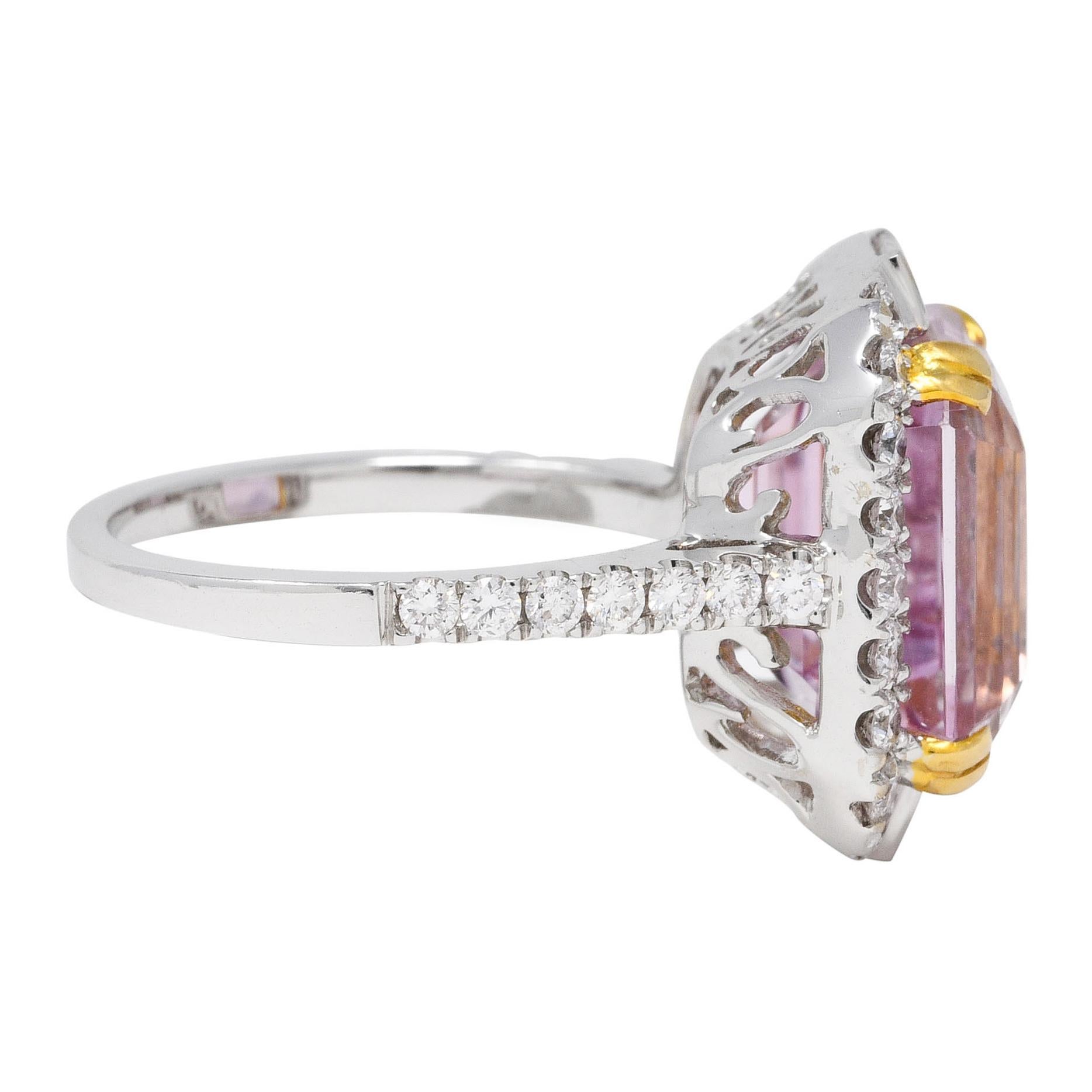 Emerald Cut Contemporary Kunzite Diamond 18 Karat Two-Tone Gold Cluster Cocktail Ring For Sale