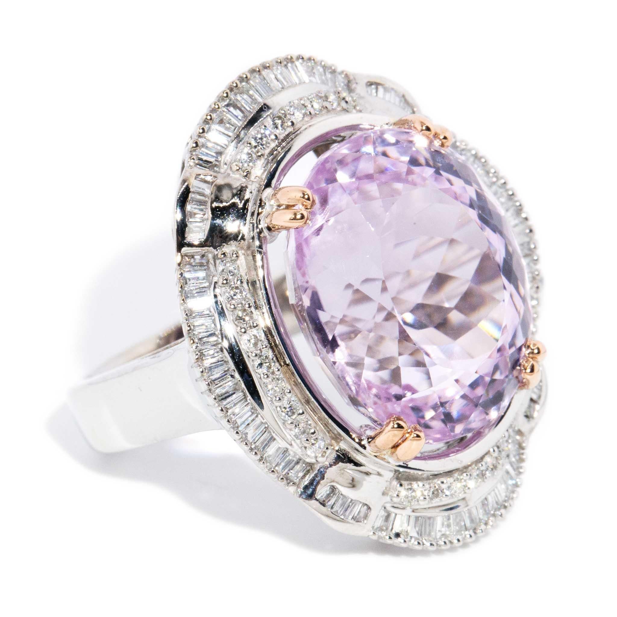 Oval Cut Contemporary Kunzite & Diamond Ring 14 Carat White & Rose Gold For Sale