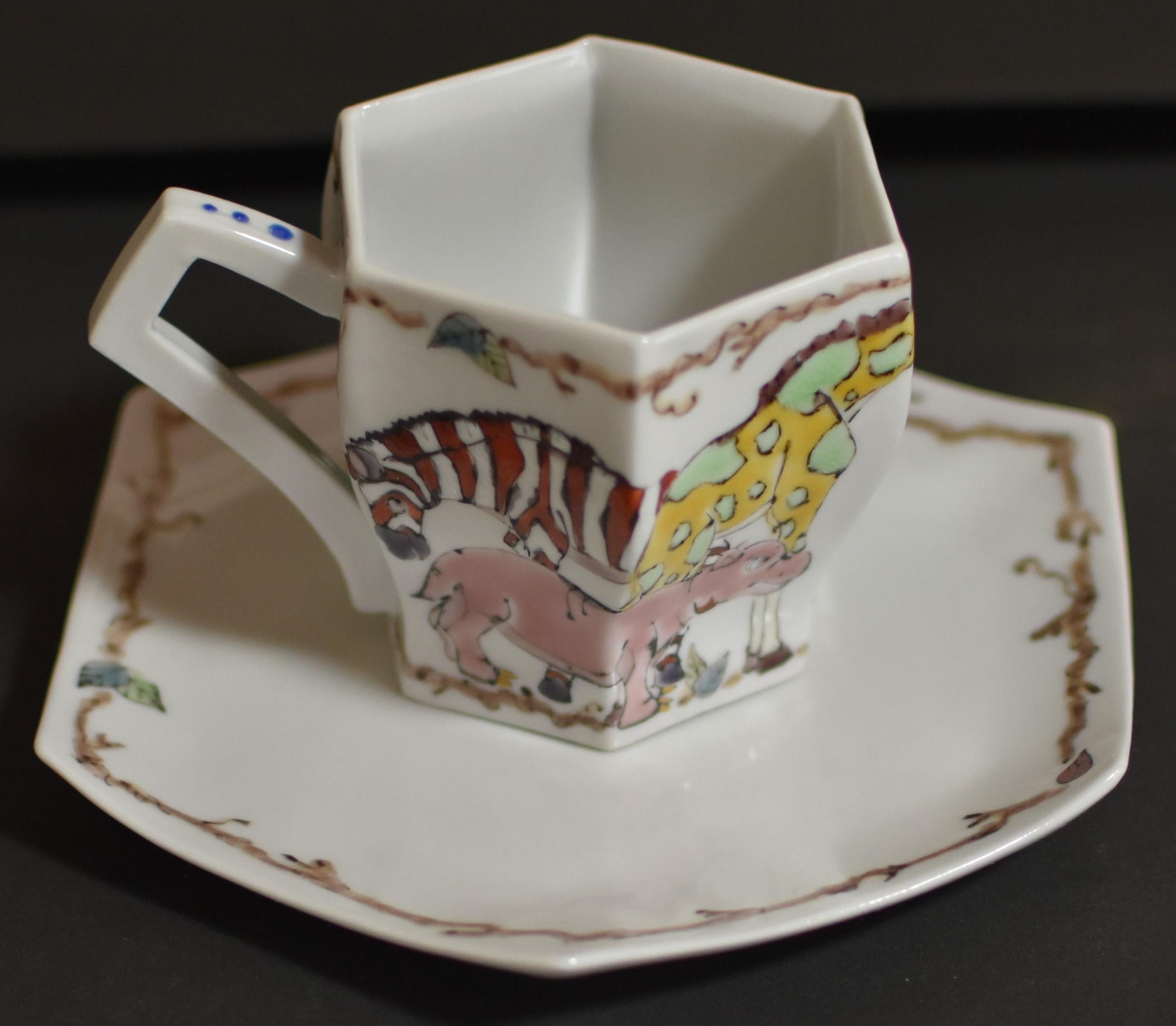 Japanese Contemporary Kutani Hand Painted Porcelain Cup and Saucer by Master Artist
