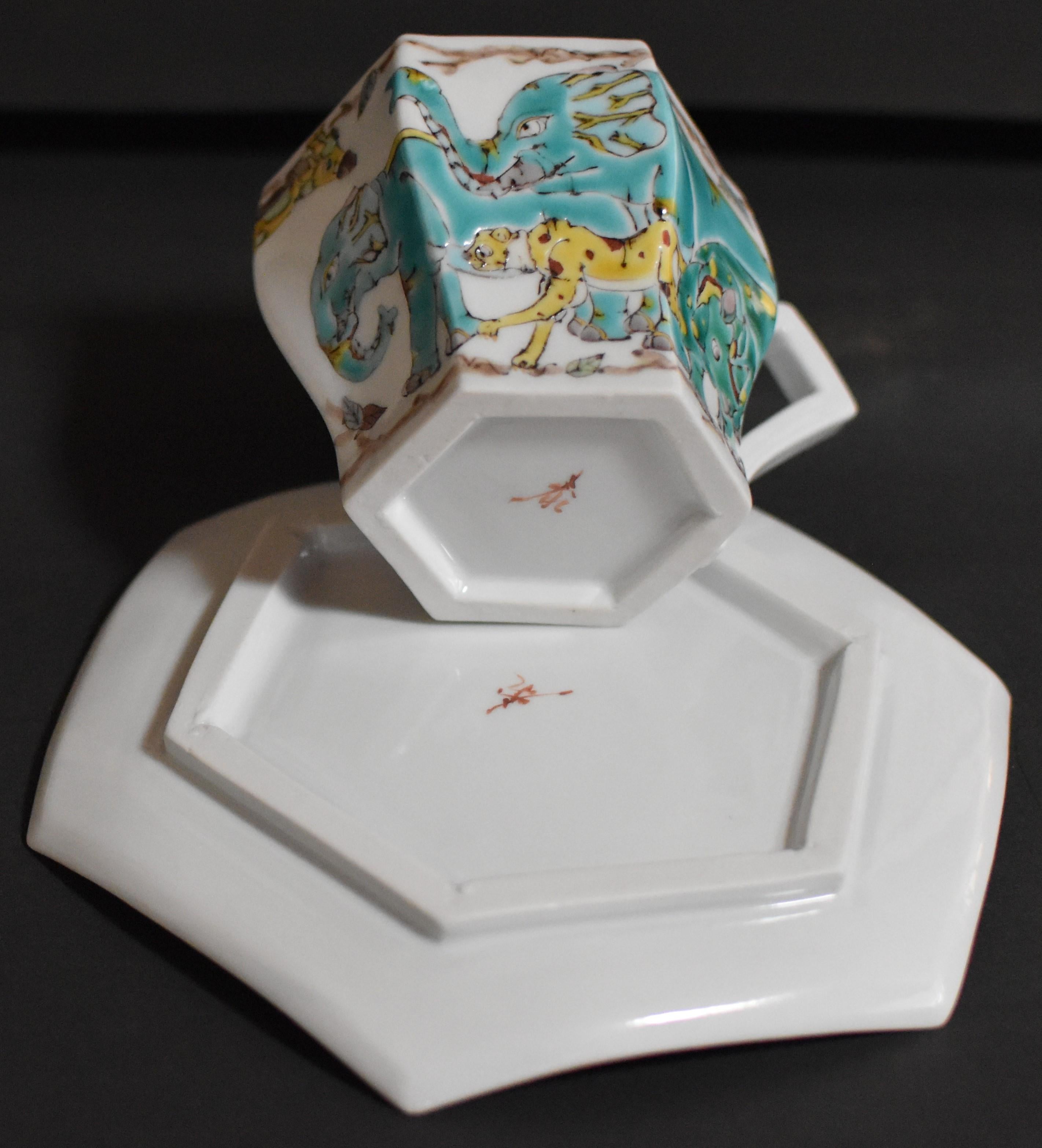 Contemporary Kutani Hand Painted Porcelain Cup and Saucer by Master Artist In New Condition In Takarazuka, JP