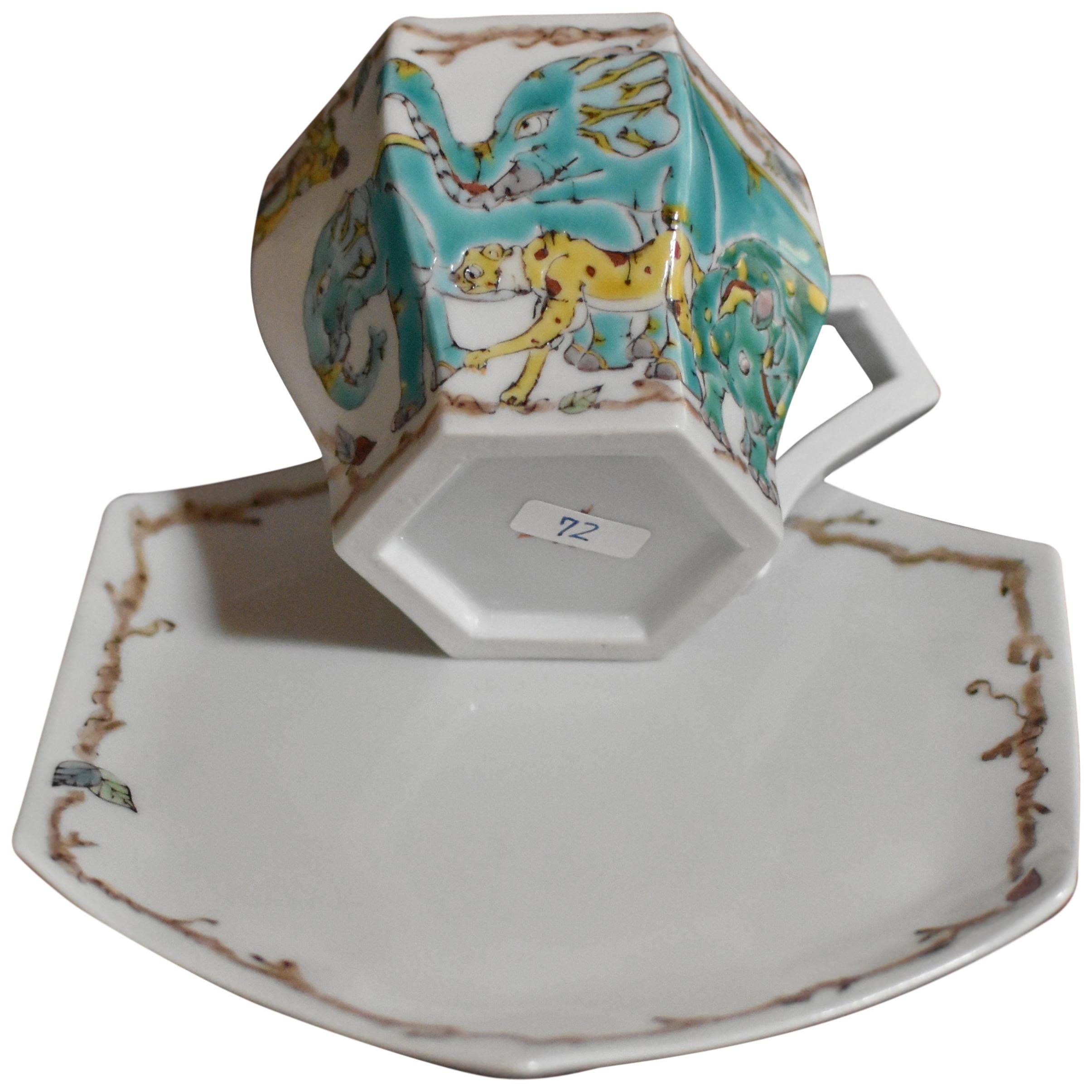 Contemporary Kutani Porcelain Hand-Painted Cup and Saucer by Master Artist