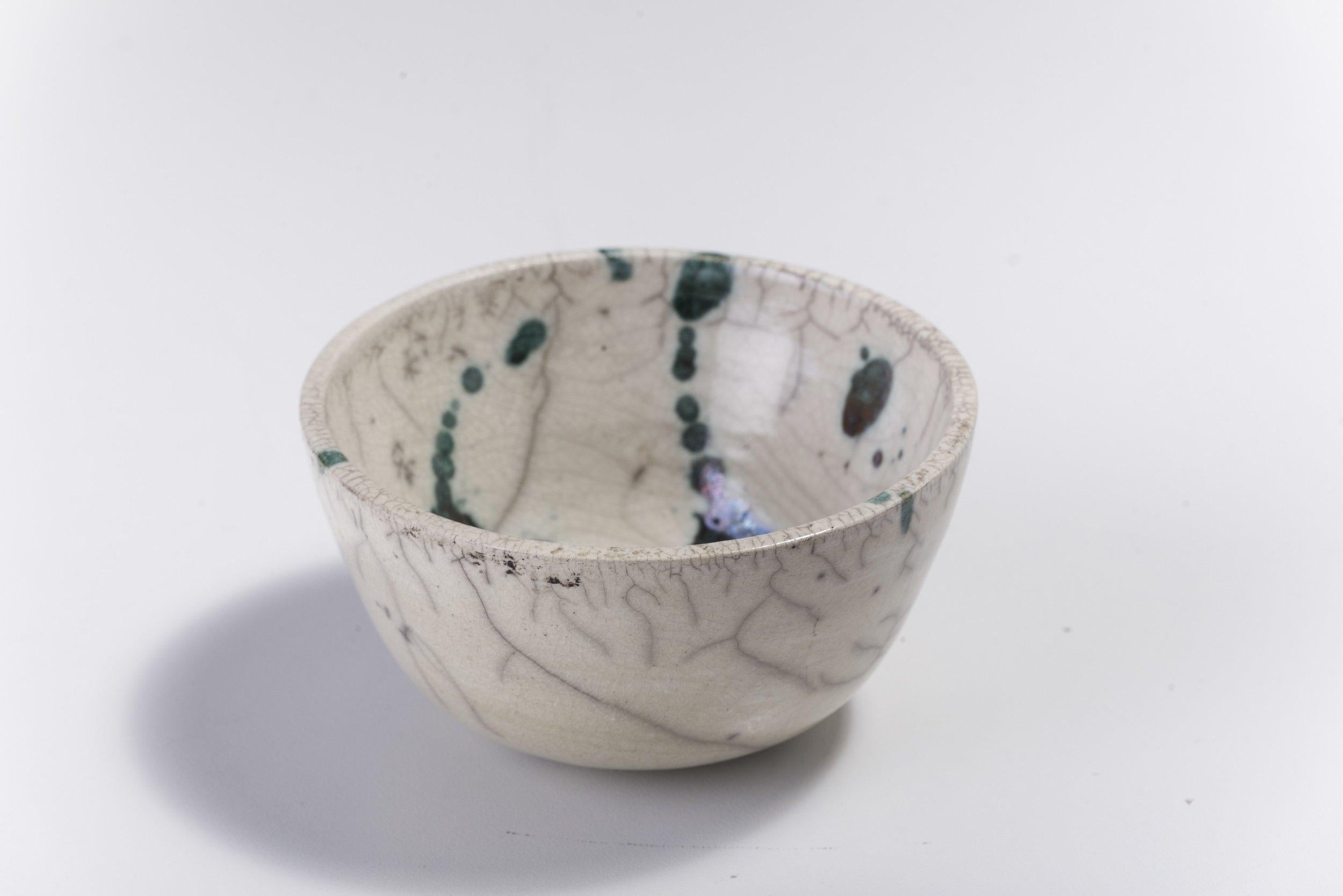 Contemporary LAAB Moss Bowl Ceramic Raku Green White For Sale 2