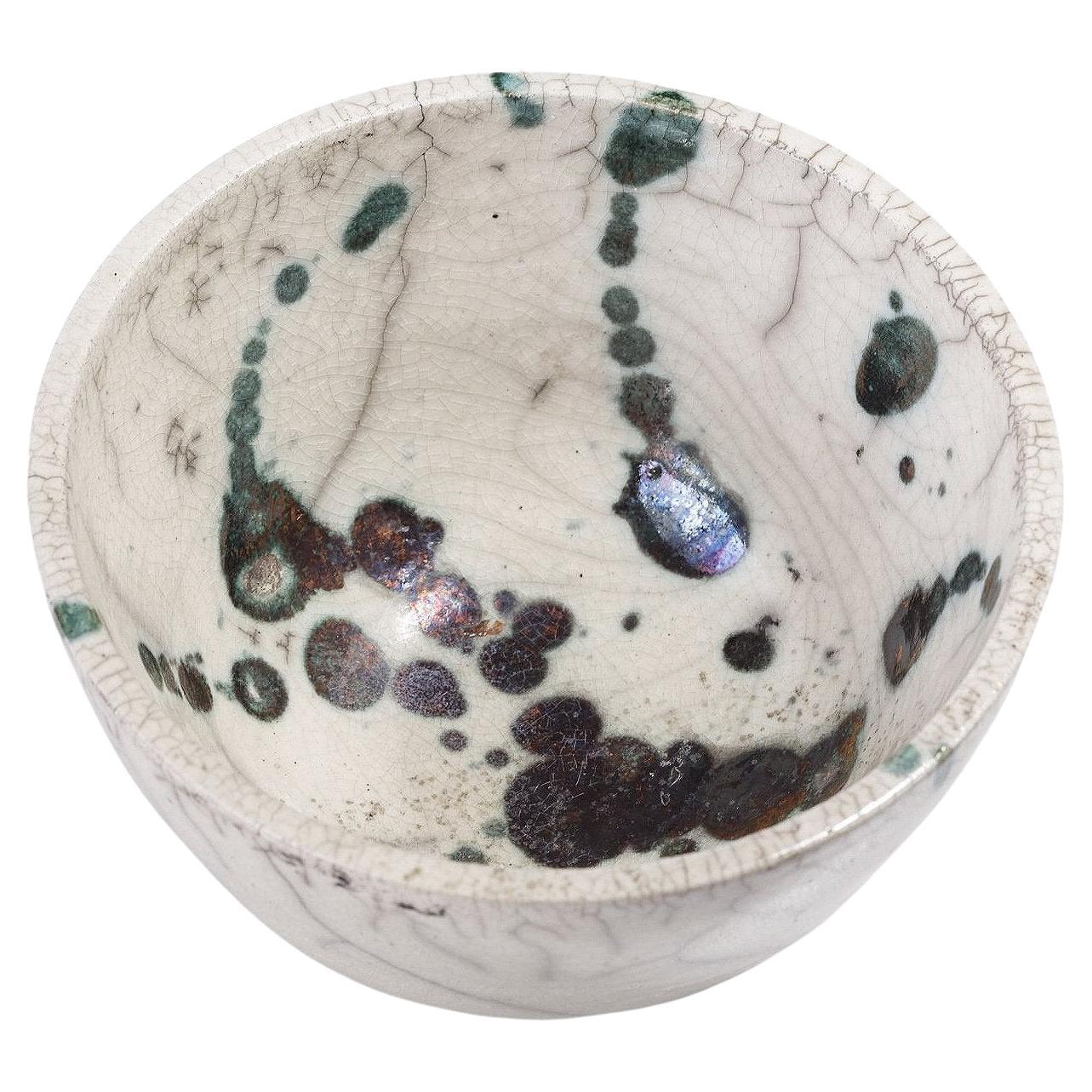 Contemporary LAAB Moss Bowl Ceramic Raku Green White