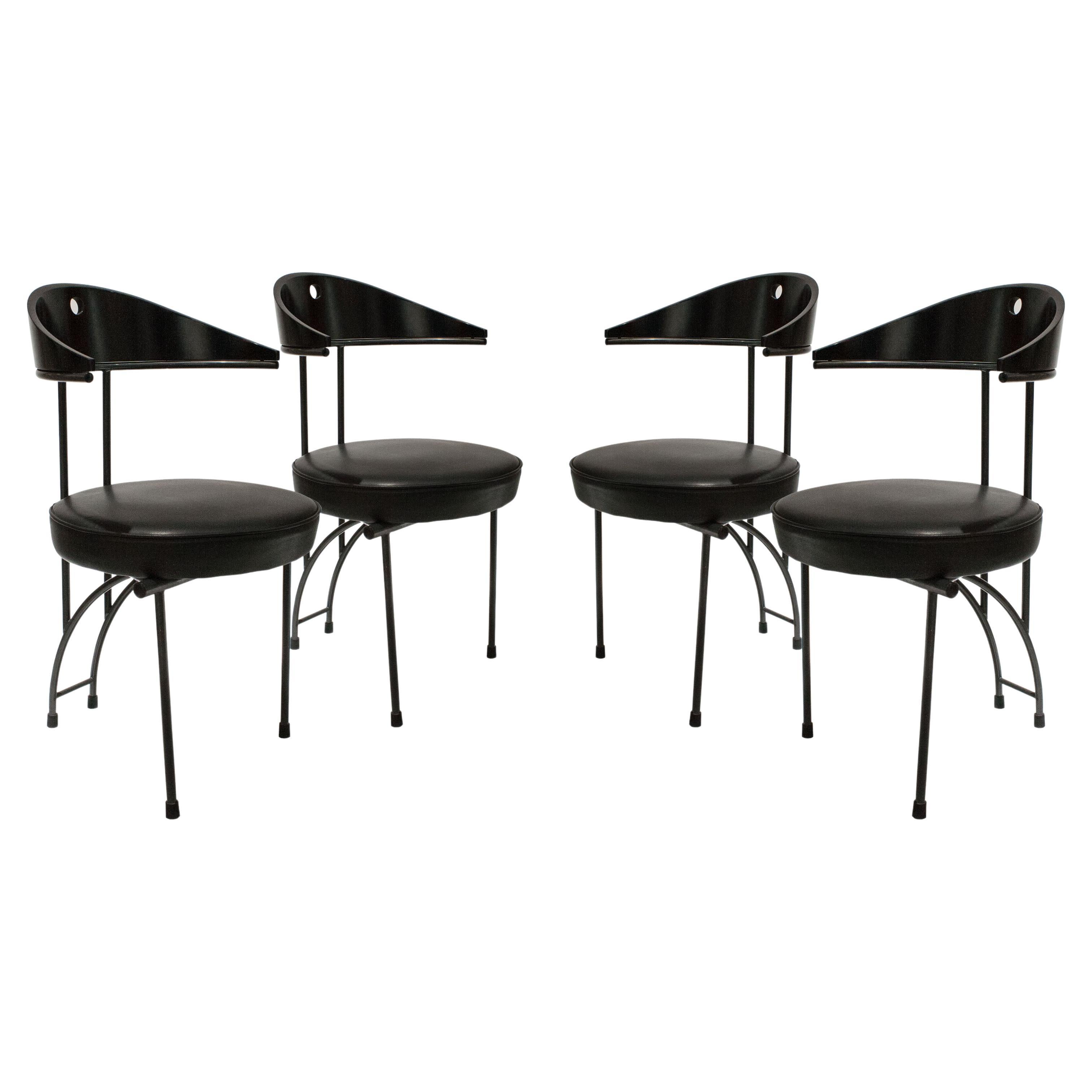 Memphis Style Lacquered Iron Black Leatherette Four Chairs Set, Italy, 1980 For Sale