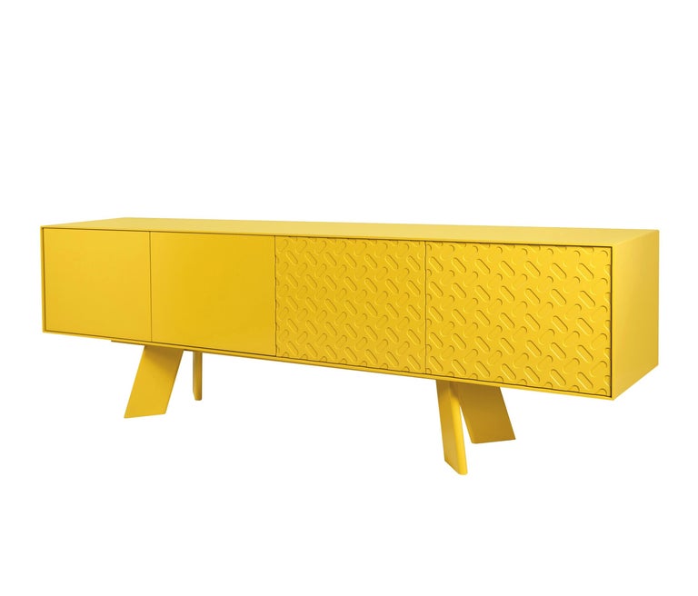 Sideboard lacquered in gold yellow with motif.
Finish: can choose
Material: Wood, lacquer
Four push-pull doors and inside shelf. 
Wooden base lacquered in same finish.
Lacquer coating in variety of colors.
Please contact us if you have any questions