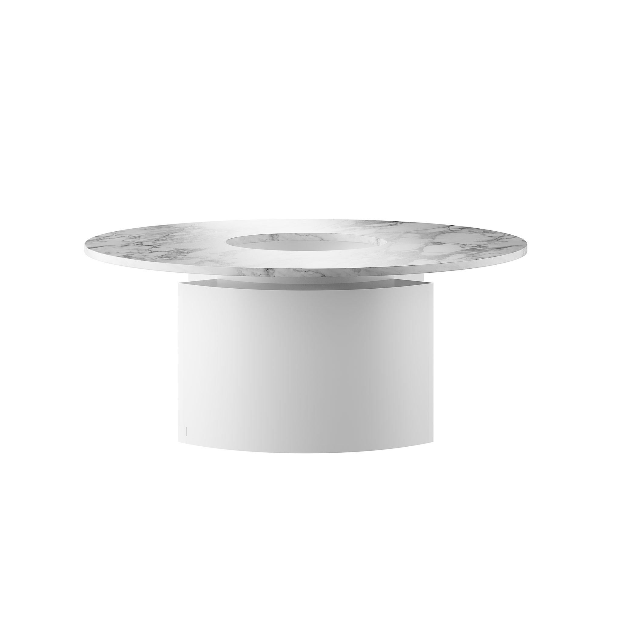 Européen Table centrale ronde minimaliste Calacatta, plateau en marbre blanc, laque grise mate en vente