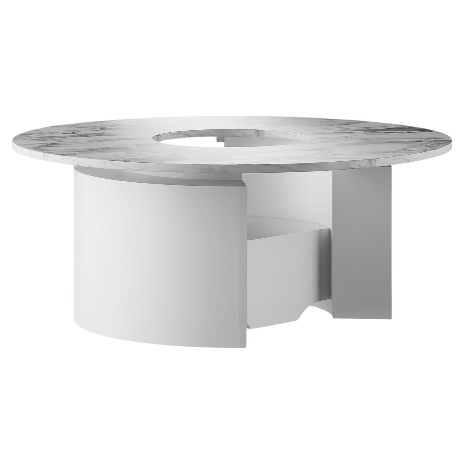 Table centrale ronde minimaliste Calacatta, plateau en marbre blanc, laque grise mate en vente