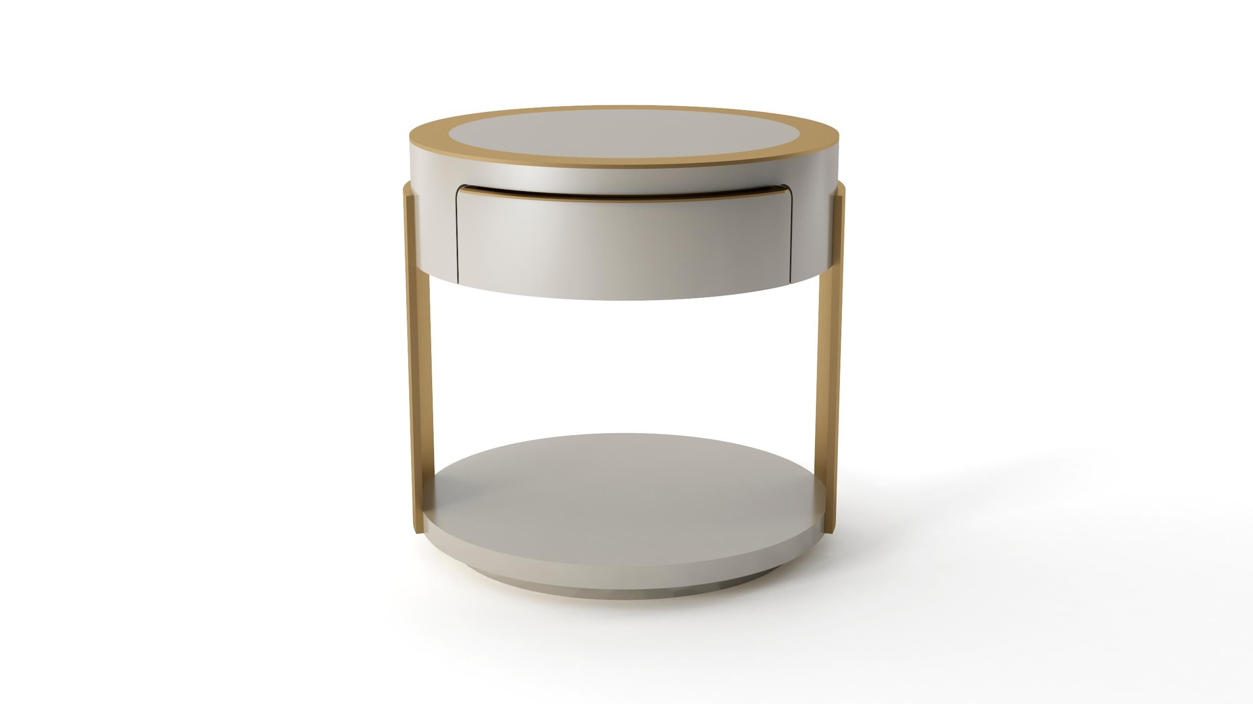 Contemporary Lacquered Wood and Stainless Steel Round Side Table with Integrated