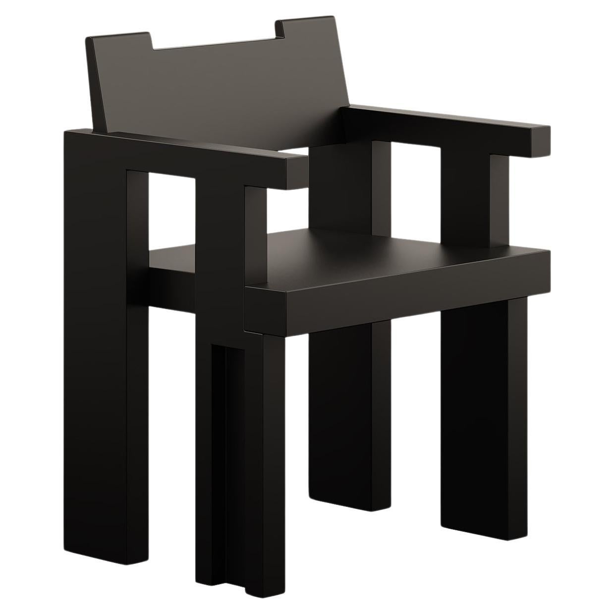 Modern Brutalist Wood Dining Chair in Black Matte Lacquer