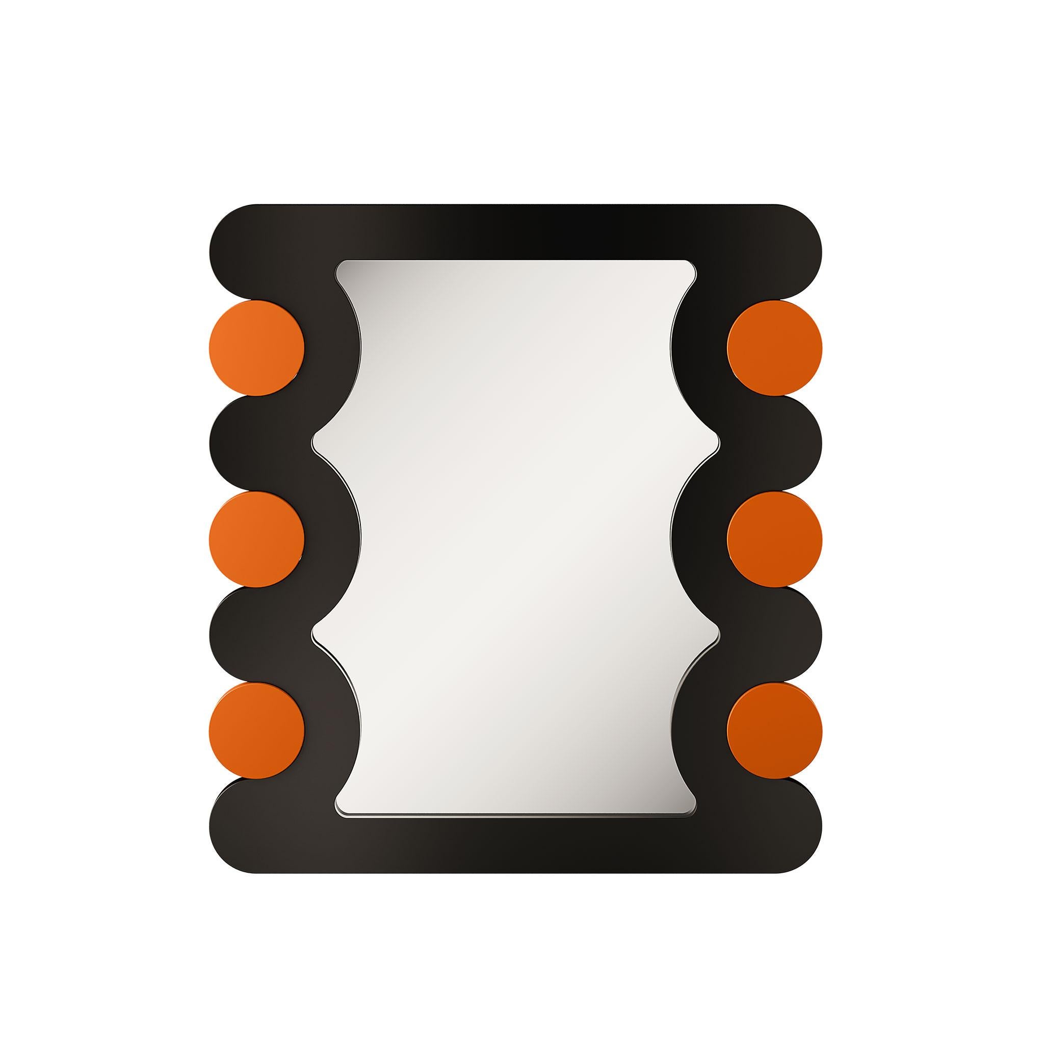 Hand-Carved Mid-century Modern Wave Wall Mirror in Lacquered Wood Orange and Black Matte For Sale